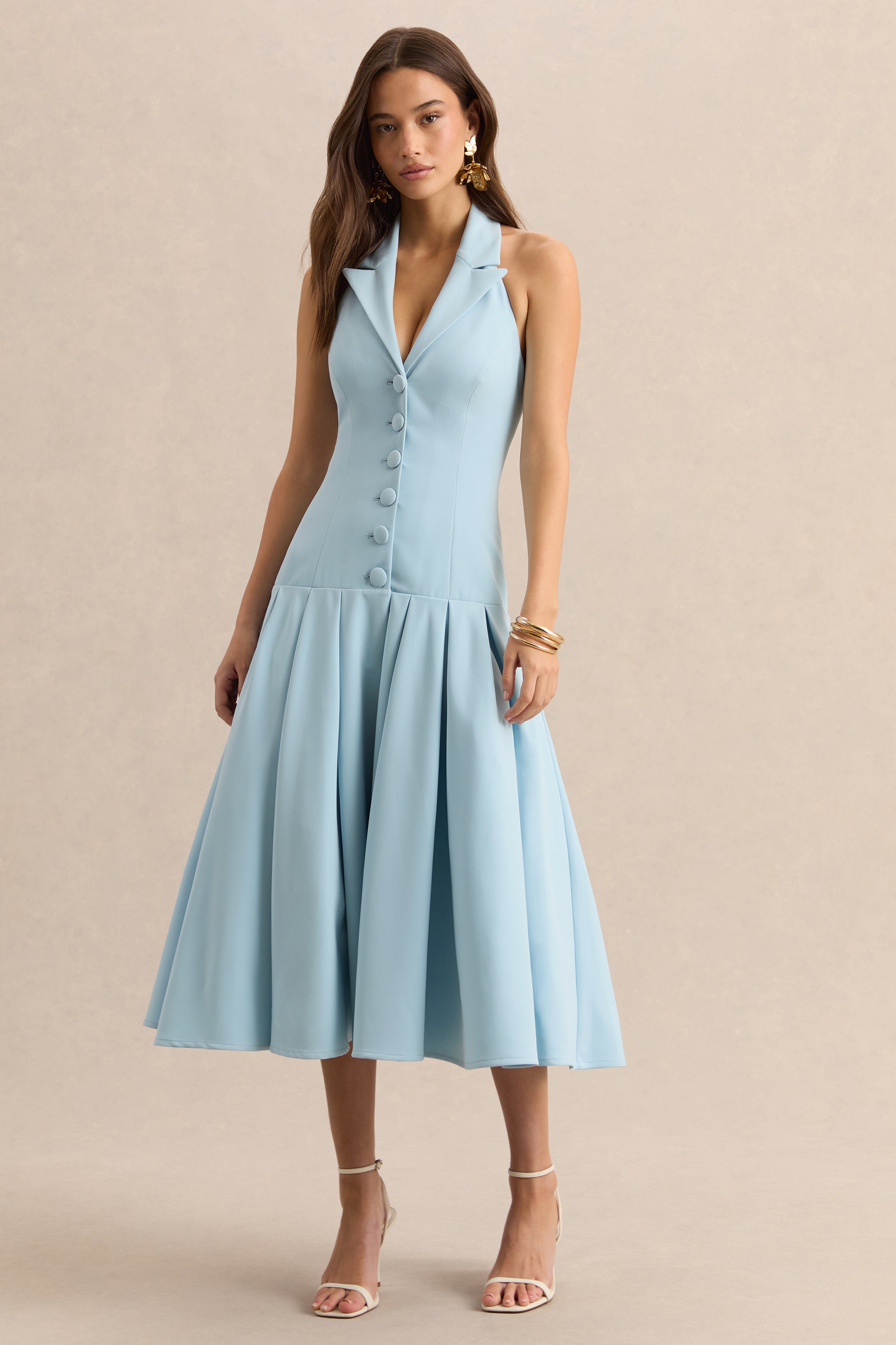 Elise | Powder Blue Plunge-Neck Midi Dress With Drop-Waist