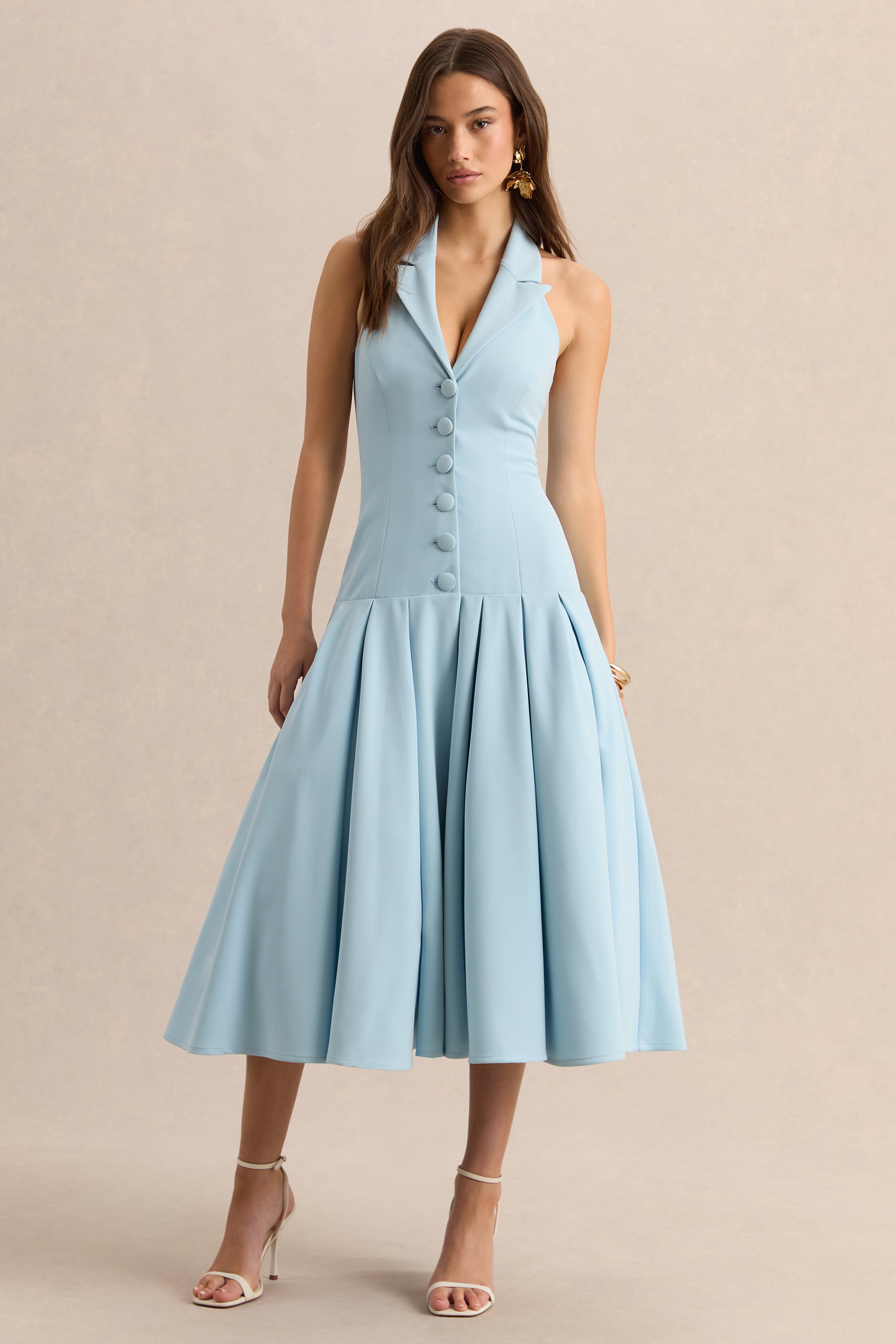 Elise | Powder Blue Plunge-Neck Midi Dress With Drop-Waist