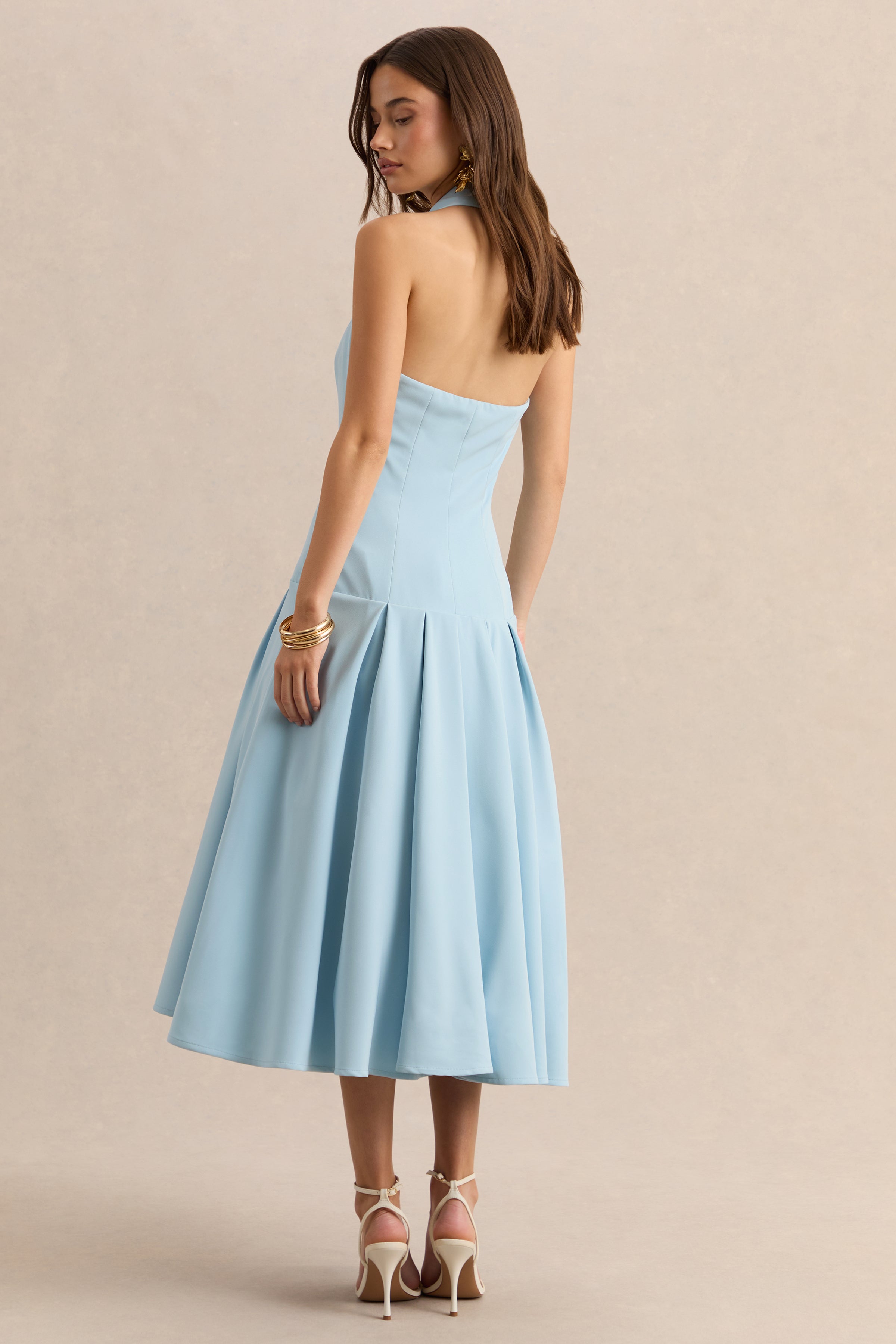 Elise | Powder Blue Plunge-Neck Midi Dress With Drop-Waist