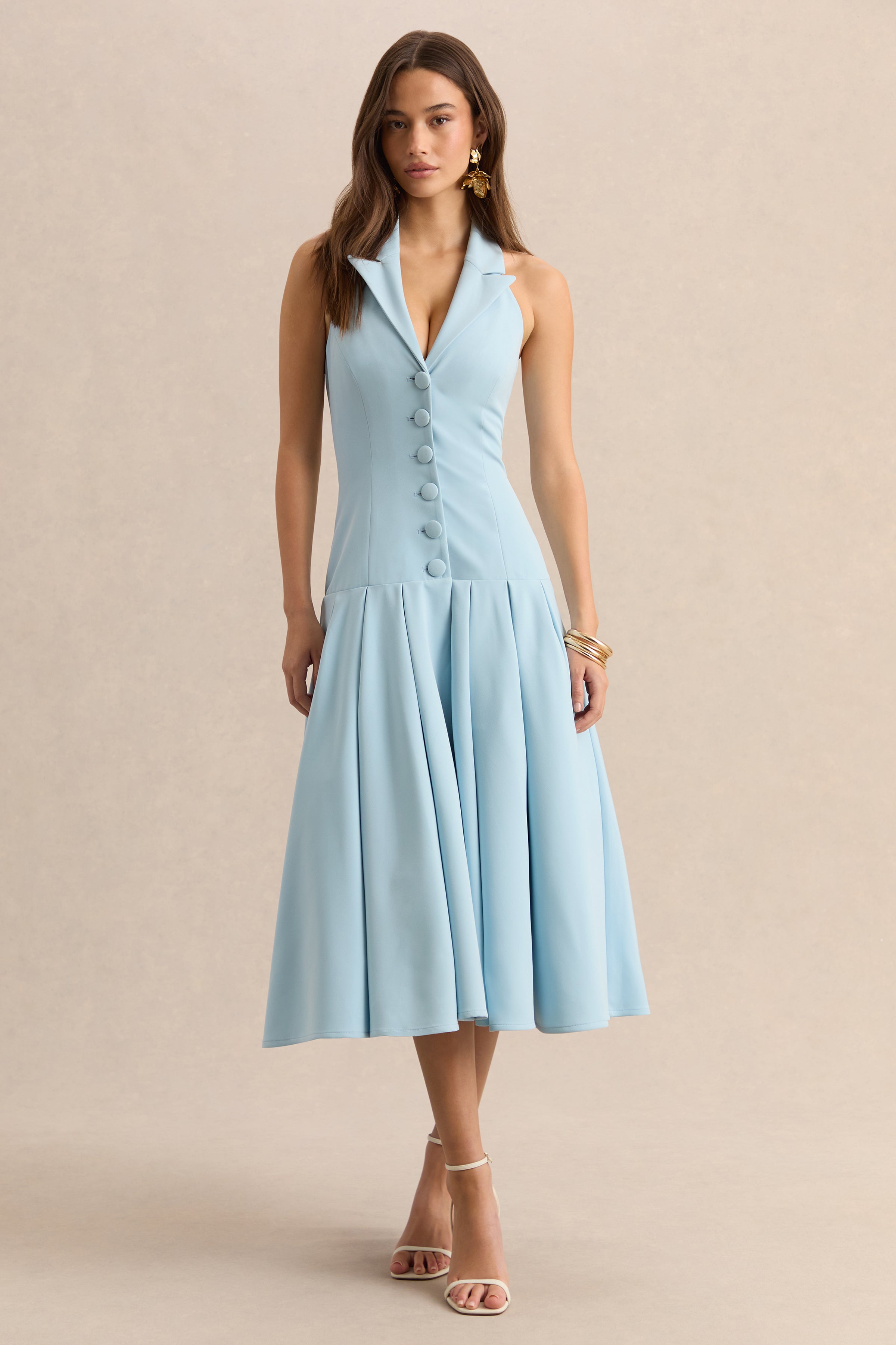 Elise | Powder Blue Plunge-Neck Midi Dress With Drop-Waist