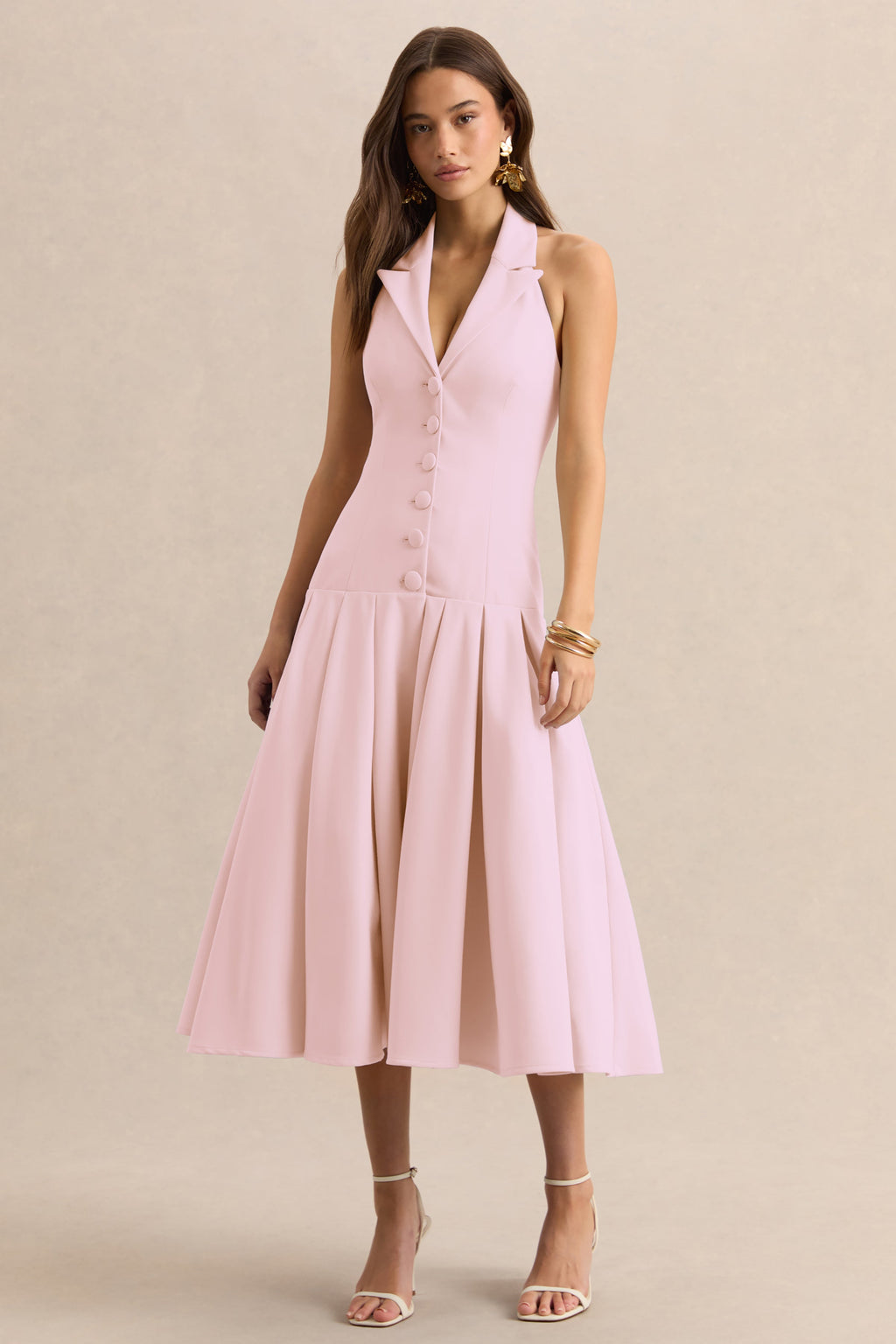 Elise | Light Pink Plunge-Neck Midi Dress With Drop-Waist