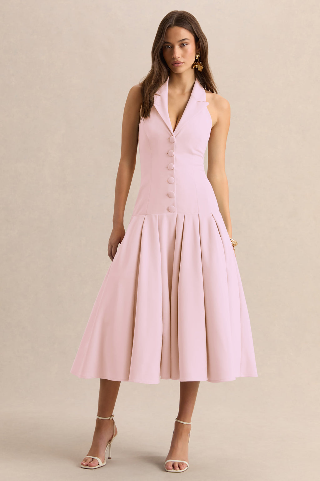Elise | Light Pink Plunge-Neck Midi Dress With Drop-Waist