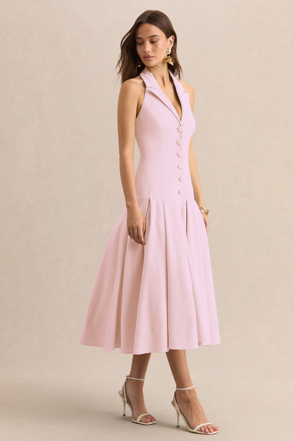 Elise | Light Pink Plunge-Neck Midi Dress With Drop-Waist