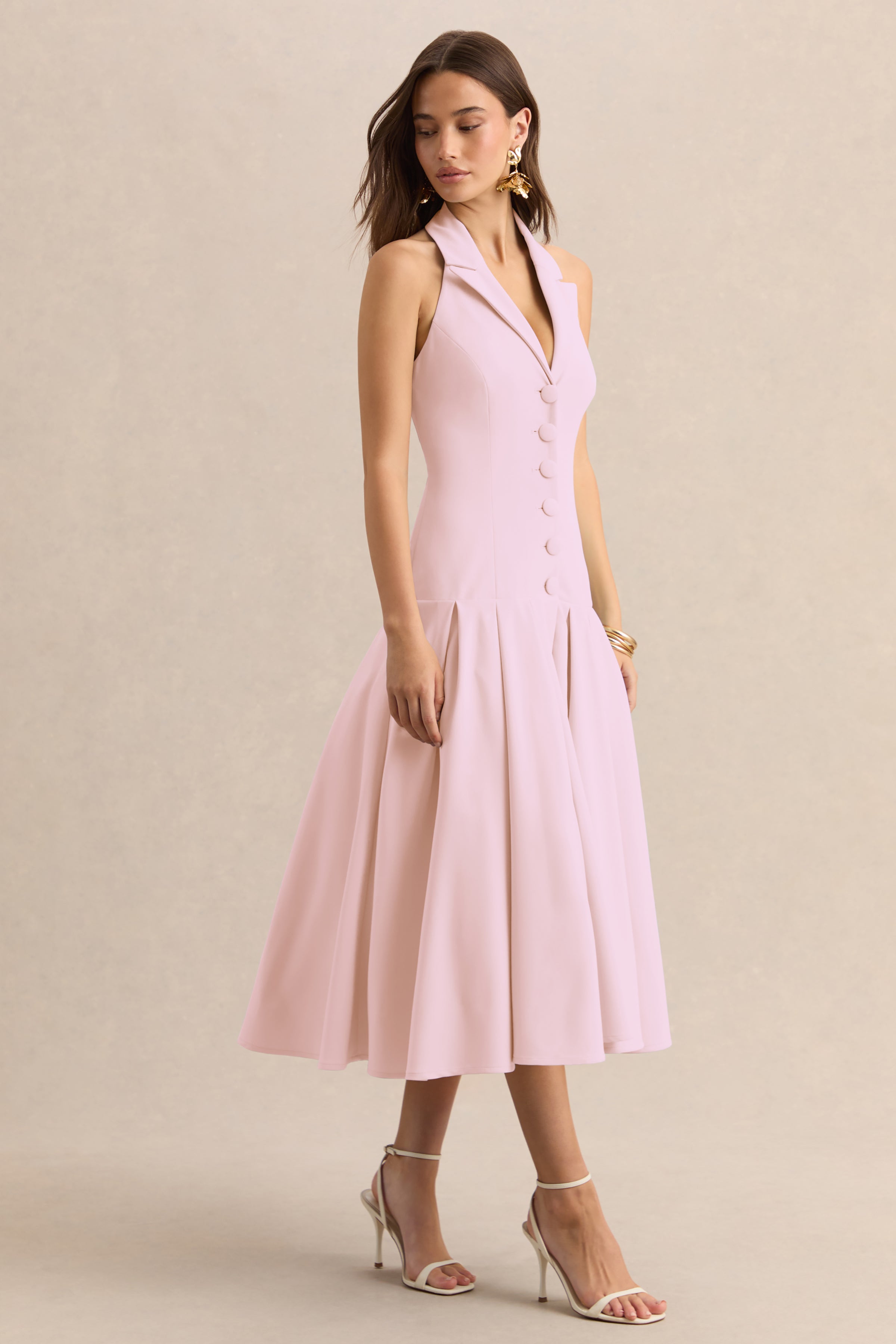 Elise | Light Pink Plunge-Neck Midi Dress With Drop-Waist