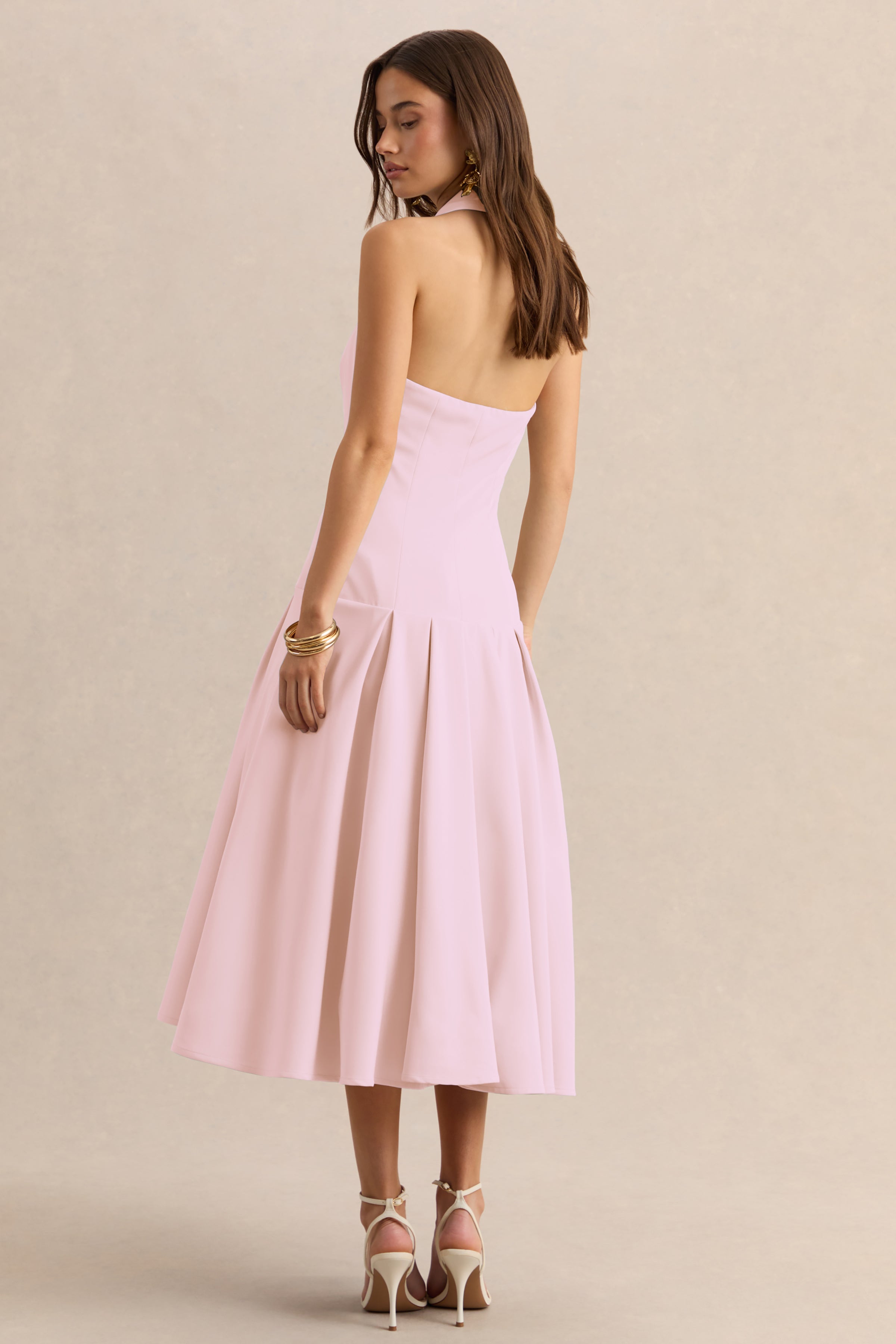 Elise | Light Pink Plunge-Neck Midi Dress With Drop-Waist