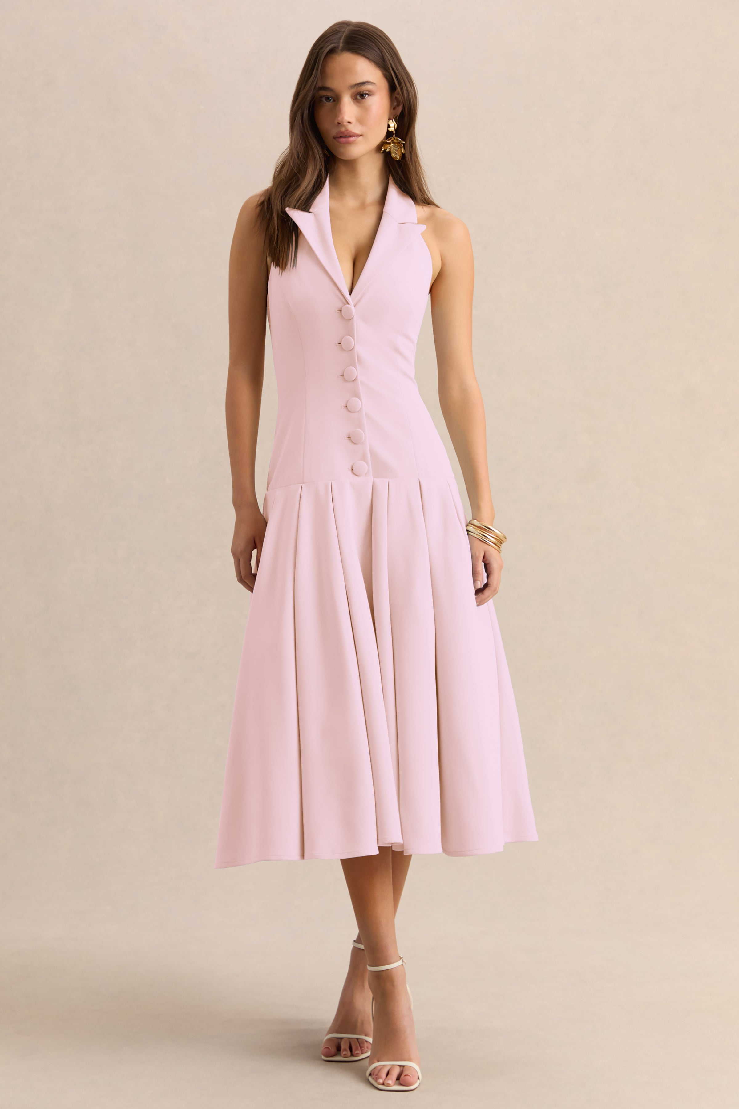 Elise | Light Pink Plunge-Neck Midi Dress With Drop-Waist