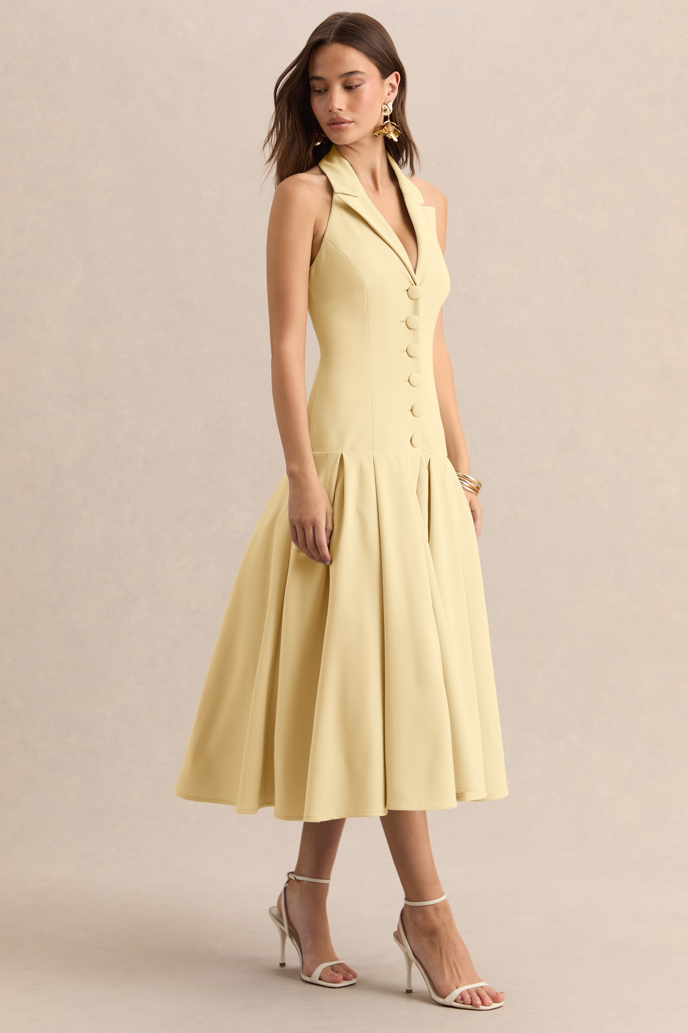 Elise | Lemon Plunge-Neck Midi Dress With Drop-Waist