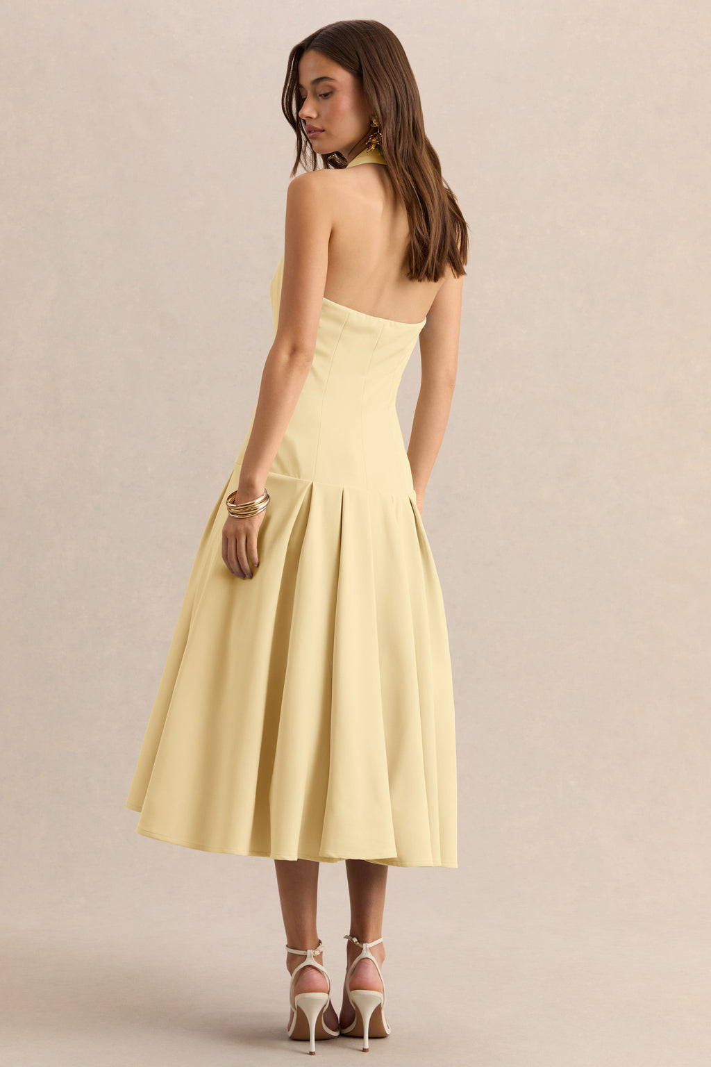 Elise | Lemon Plunge-Neck Midi Dress With Drop-Waist