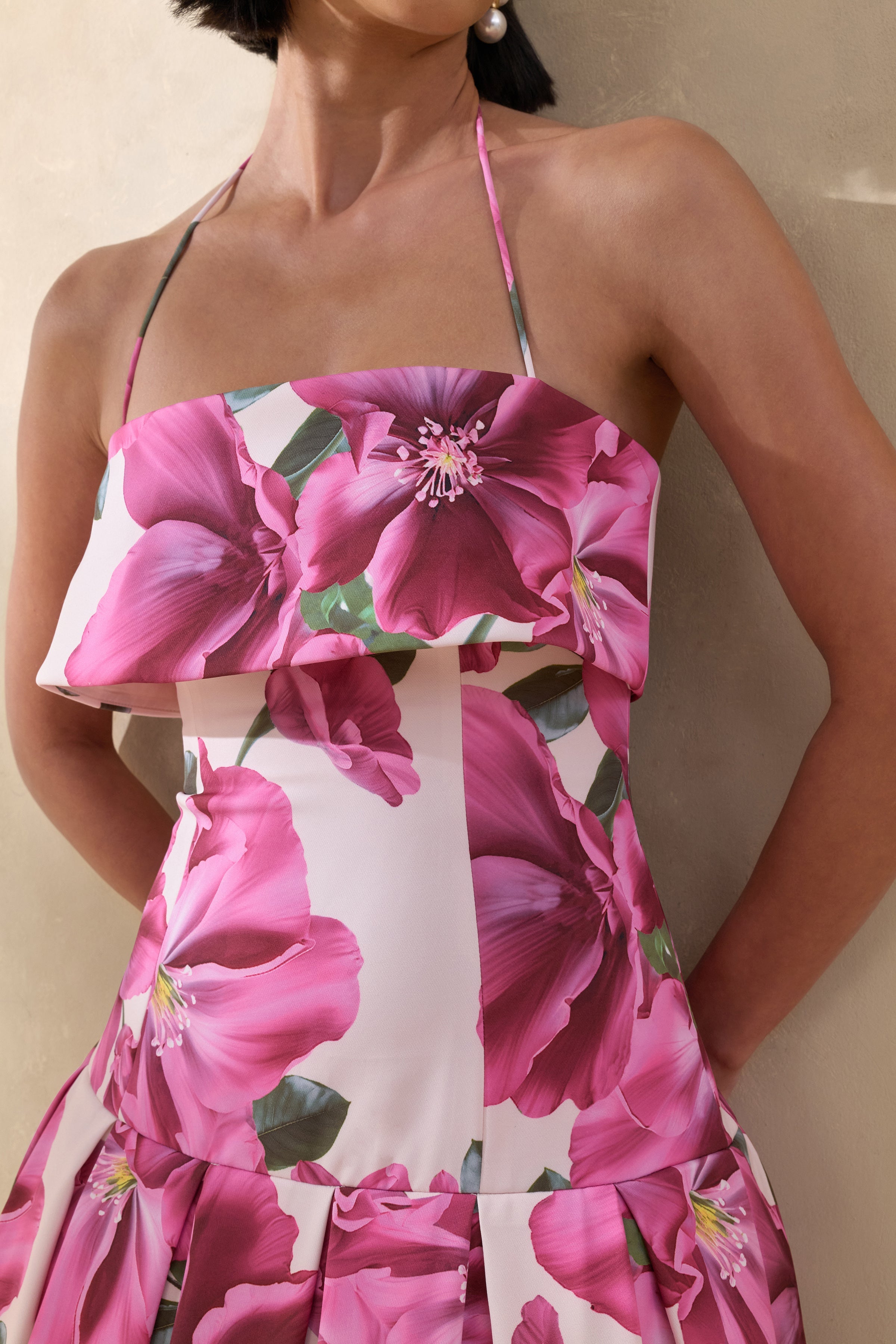 Sylina | Pink Hibiscus Floral Print Square-Neck Midi Dress With Drop Waist