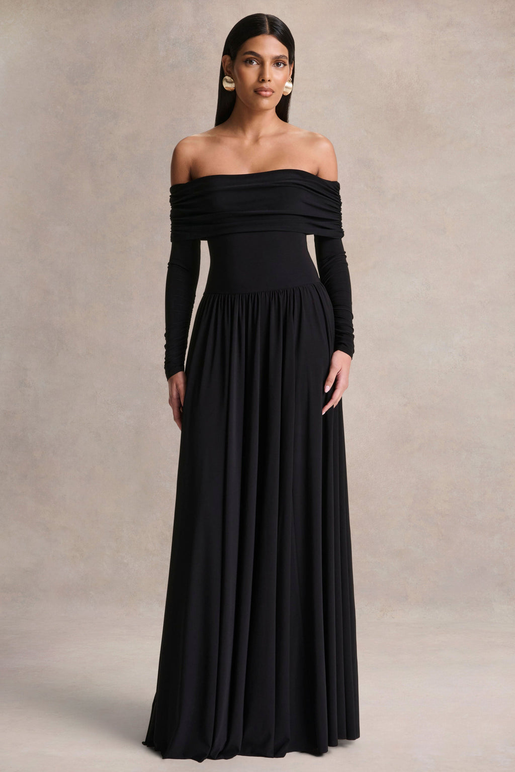 Saskia | Black Bardot-Neck Maxi Dress