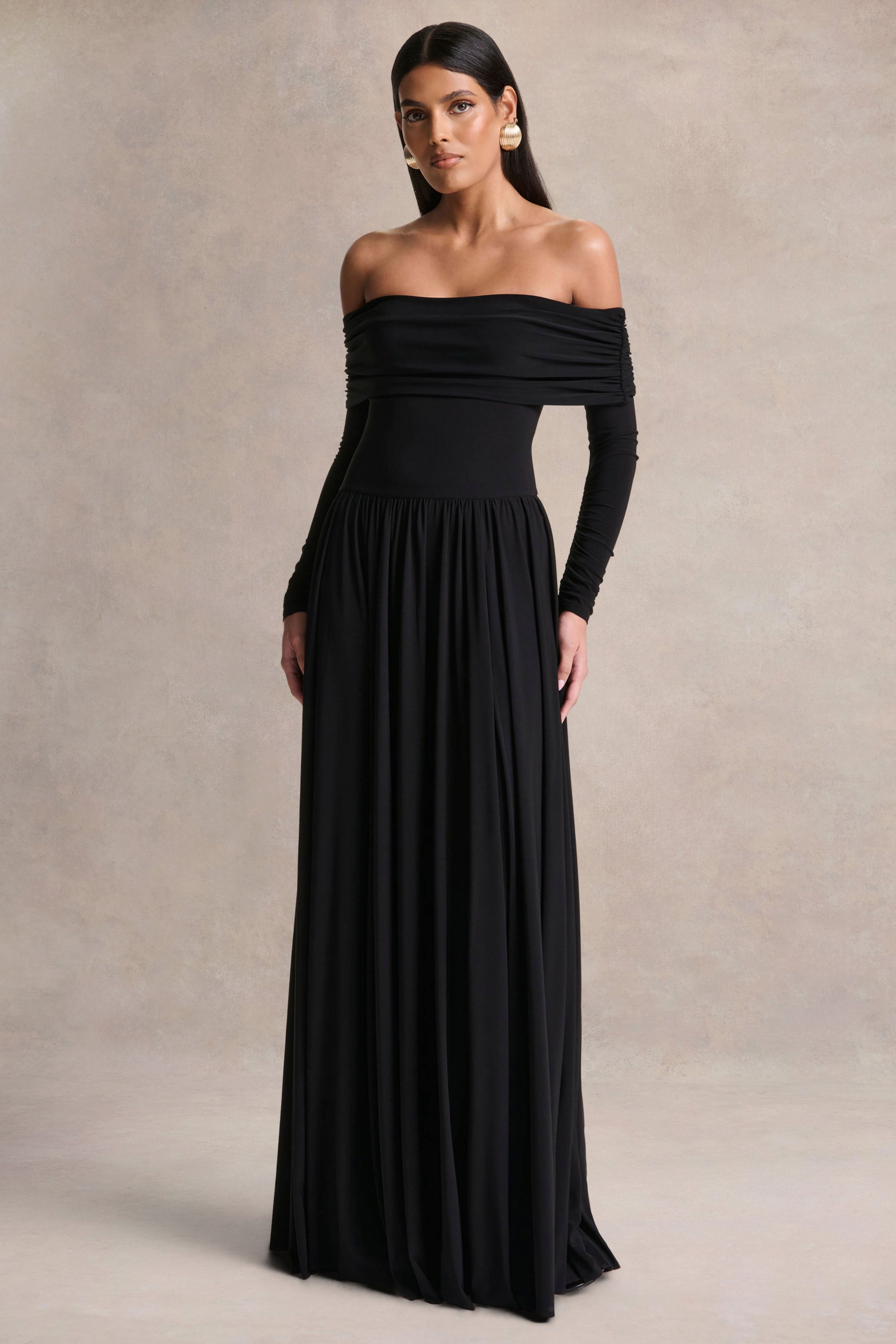 Saskia | Black Bardot-Neck Maxi Dress