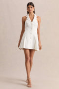 Valetta | White Plunge-Neck Tailored Mini Dress