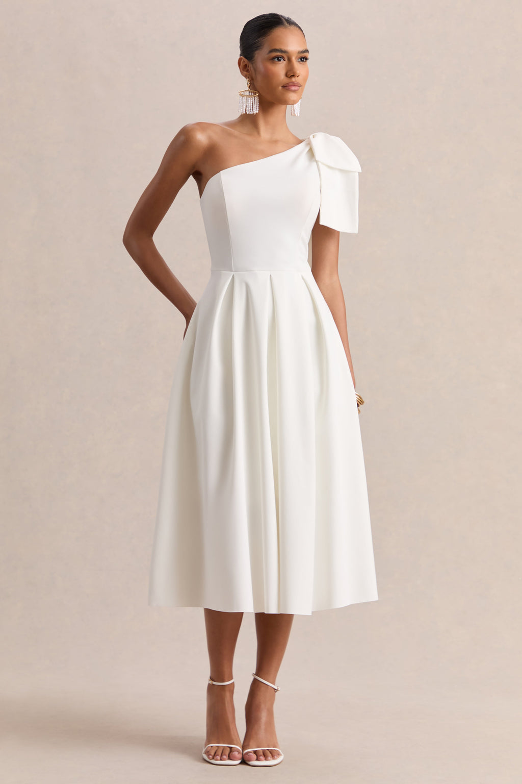 Meria | White Asymmetric-Neck Midi Dress With Bow-Sleeve