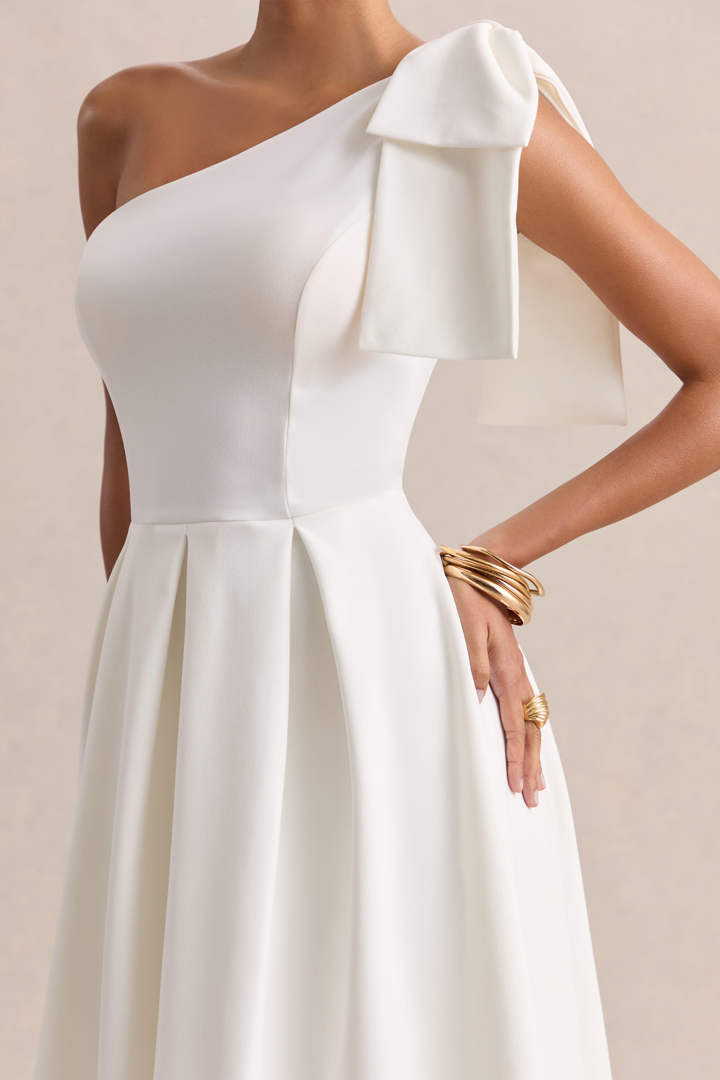 Meria | White Asymmetric-Neck Midi Dress With Bow-Sleeve