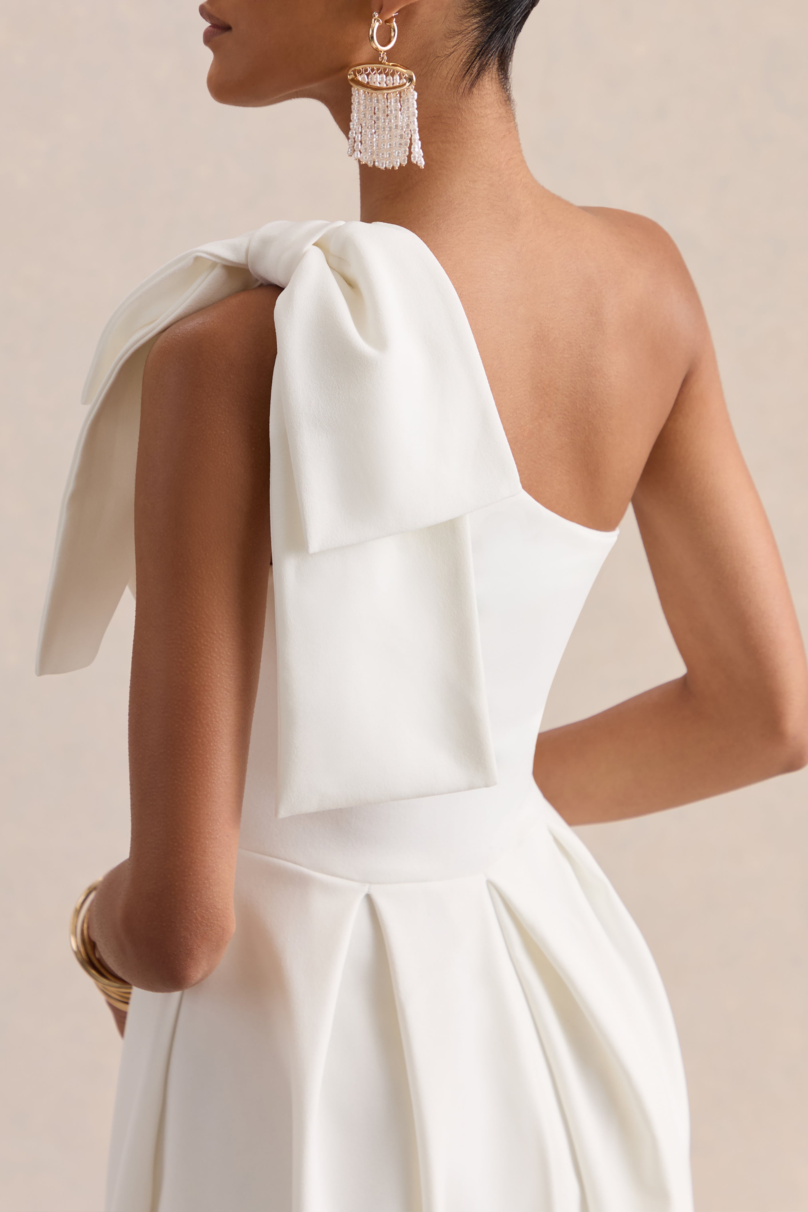 Meria | White Asymmetric-Neck Midi Dress With Bow-Sleeve