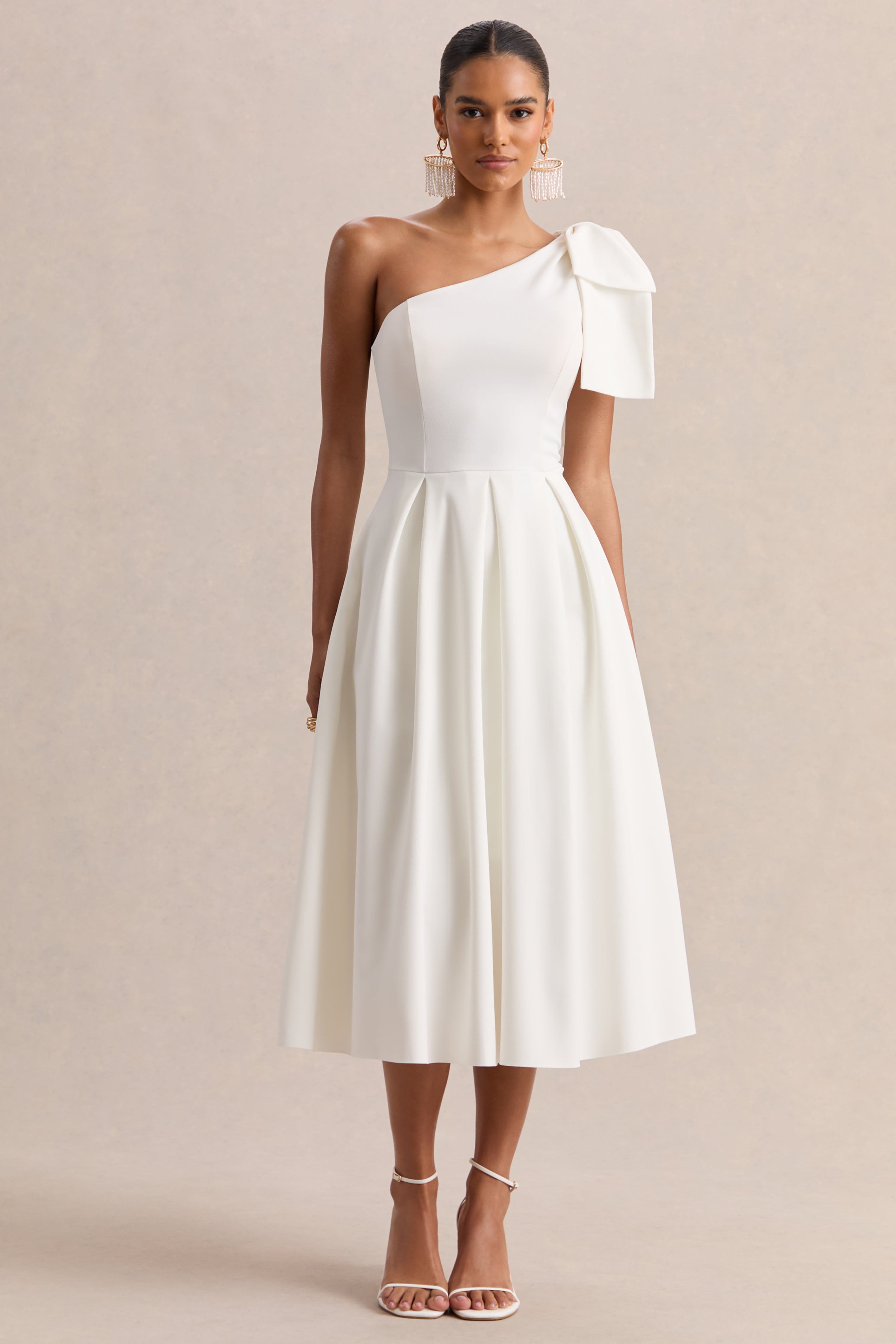 Meria | White Asymmetric-Neck Midi Dress With Bow-Sleeve