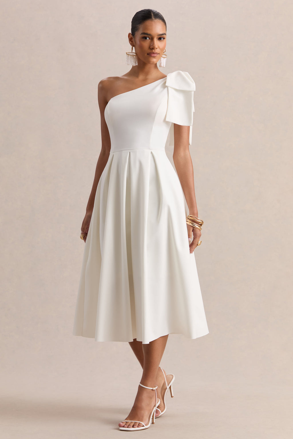 Meria | White Asymmetric-Neck Midi Dress With Bow-Sleeve