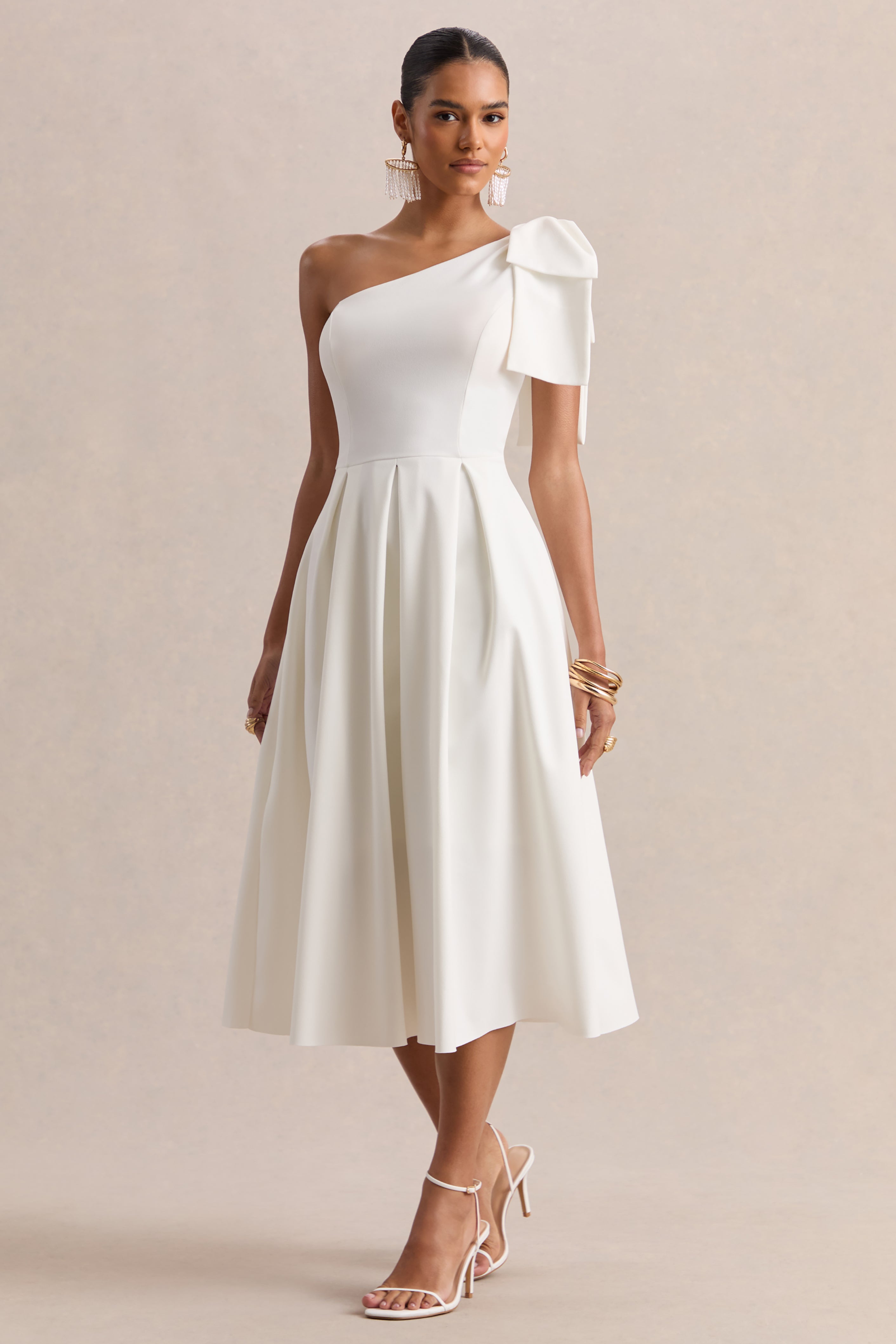 Meria | White Asymmetric-Neck Midi Dress With Bow-Sleeve