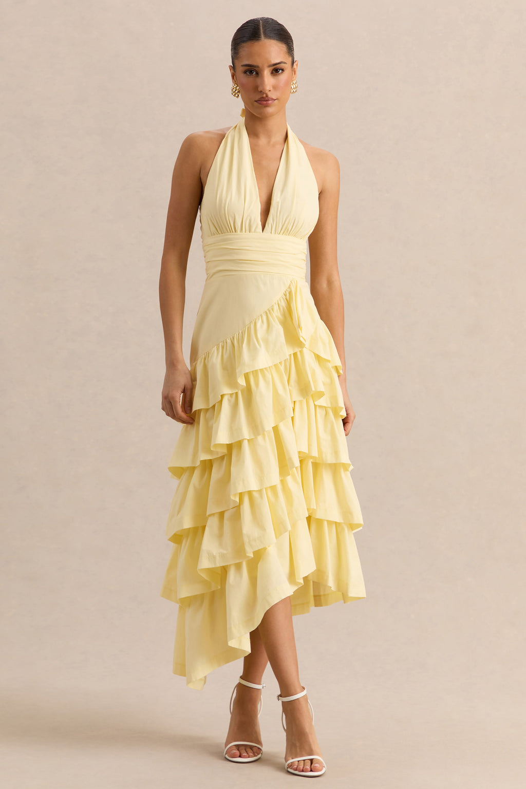 Velora | Lemon Asymmetric Midi Dress With Tiered-Ruffled Skirt