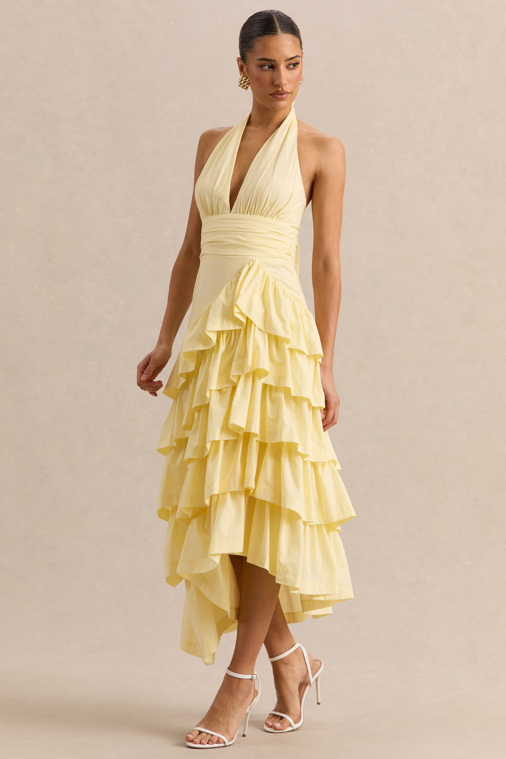 Velora | Lemon Asymmetric Midi Dress With Tiered-Ruffled Skirt