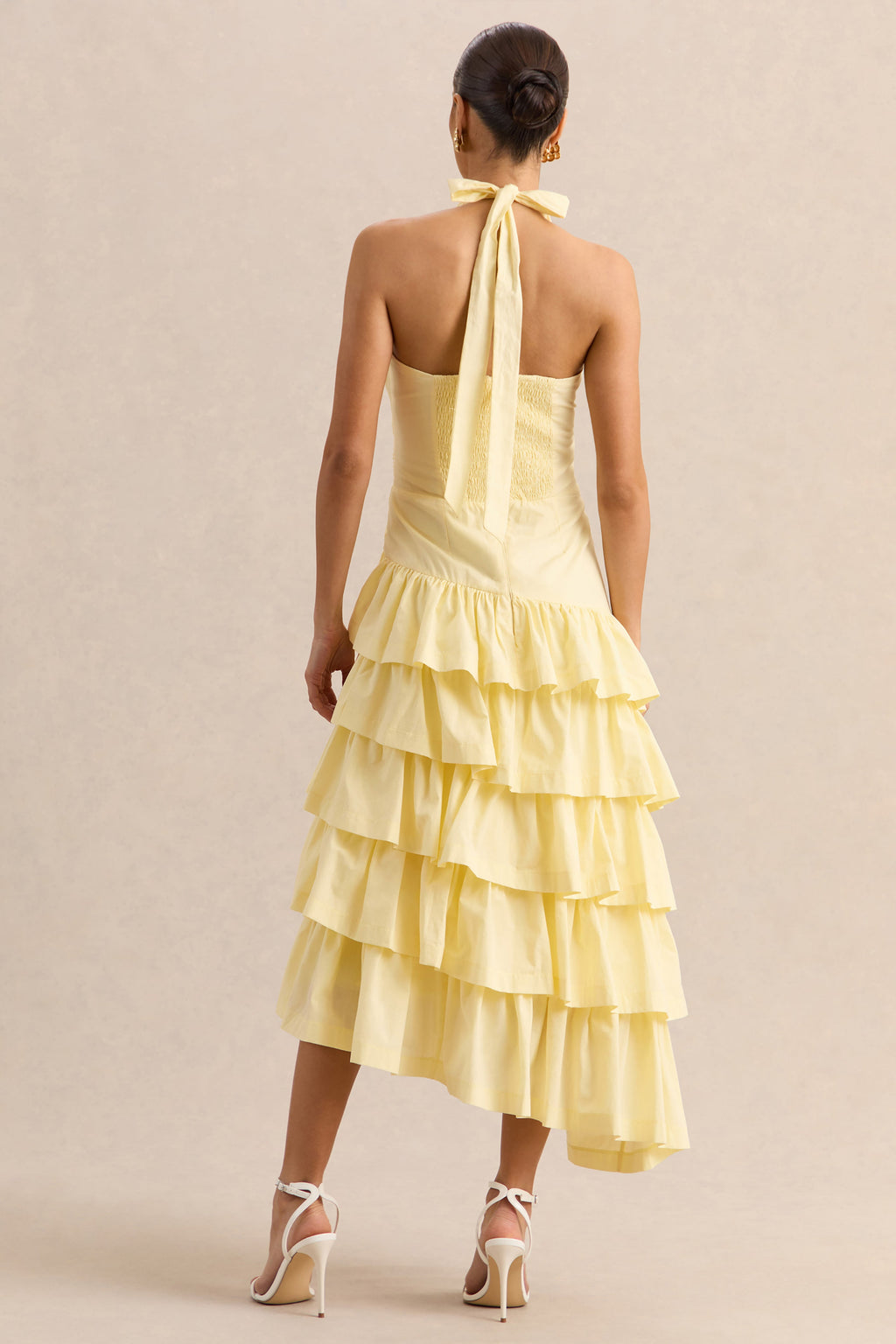 Velora | Lemon Asymmetric Midi Dress With Tiered-Ruffled Skirt