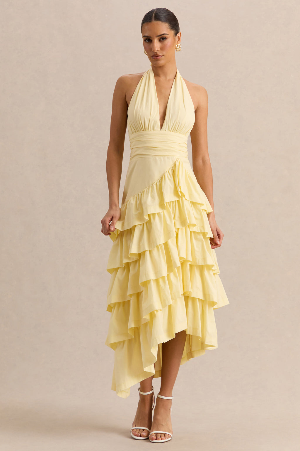 Velora | Lemon Asymmetric Midi Dress With Tiered-Ruffled Skirt