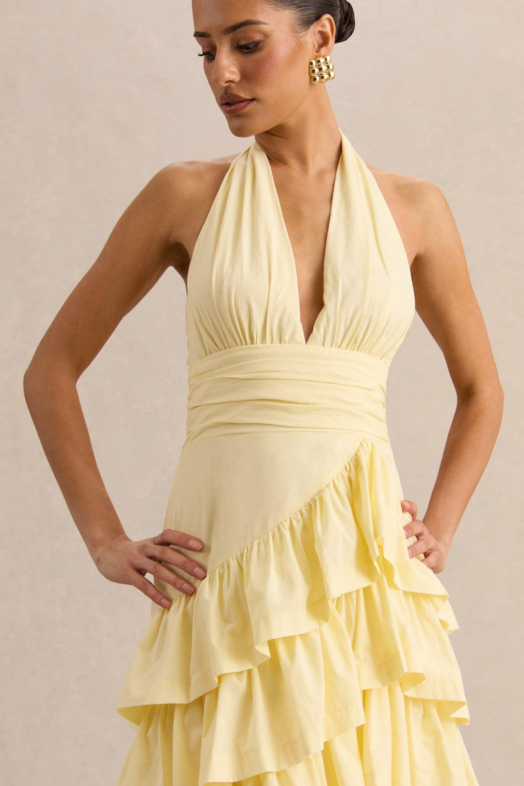 Velora | Lemon Asymmetric Midi Dress With Tiered-Ruffled Skirt
