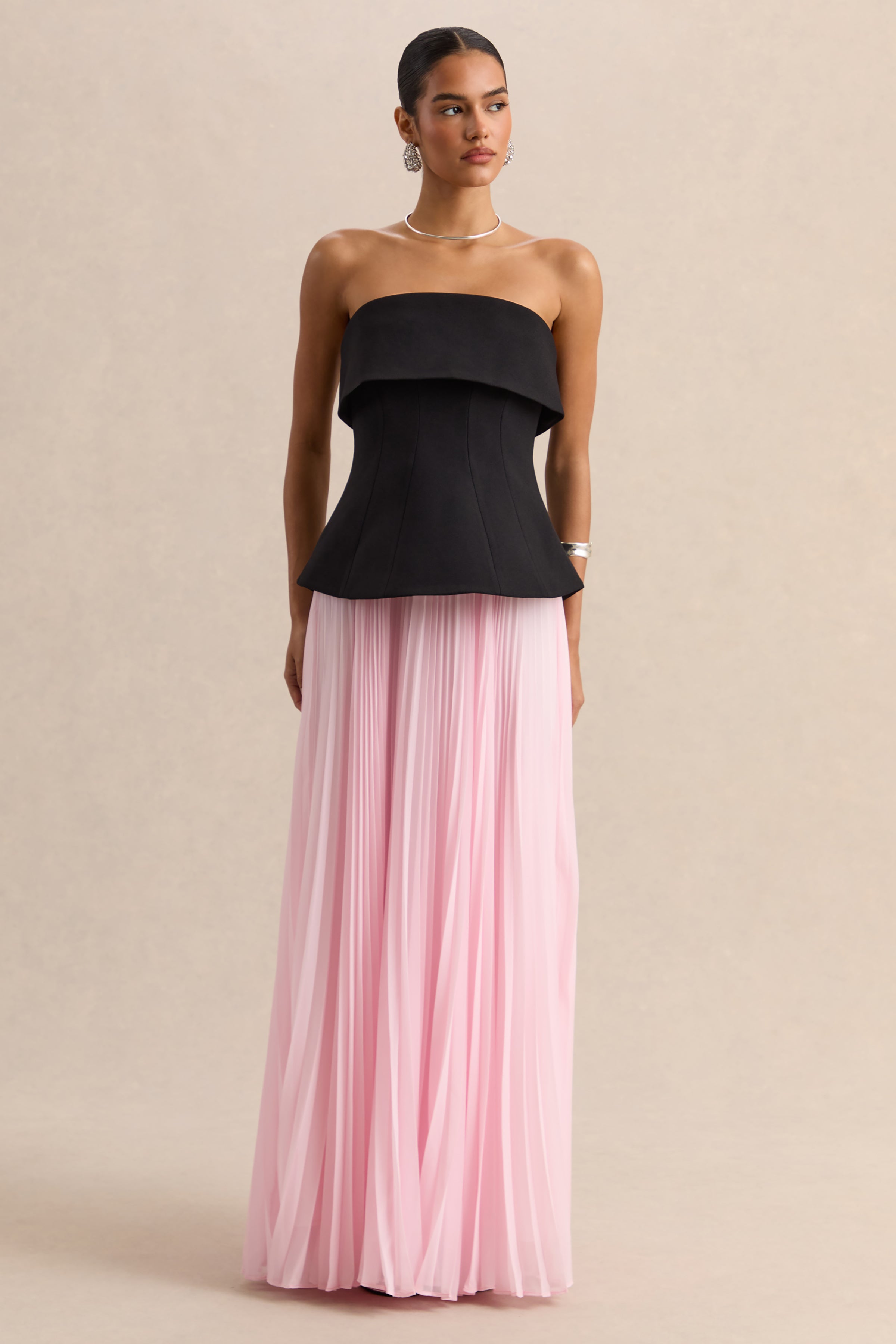 Stellara | Black & Pink Bandeau Corset Maxi Dress With Sheer Skirt