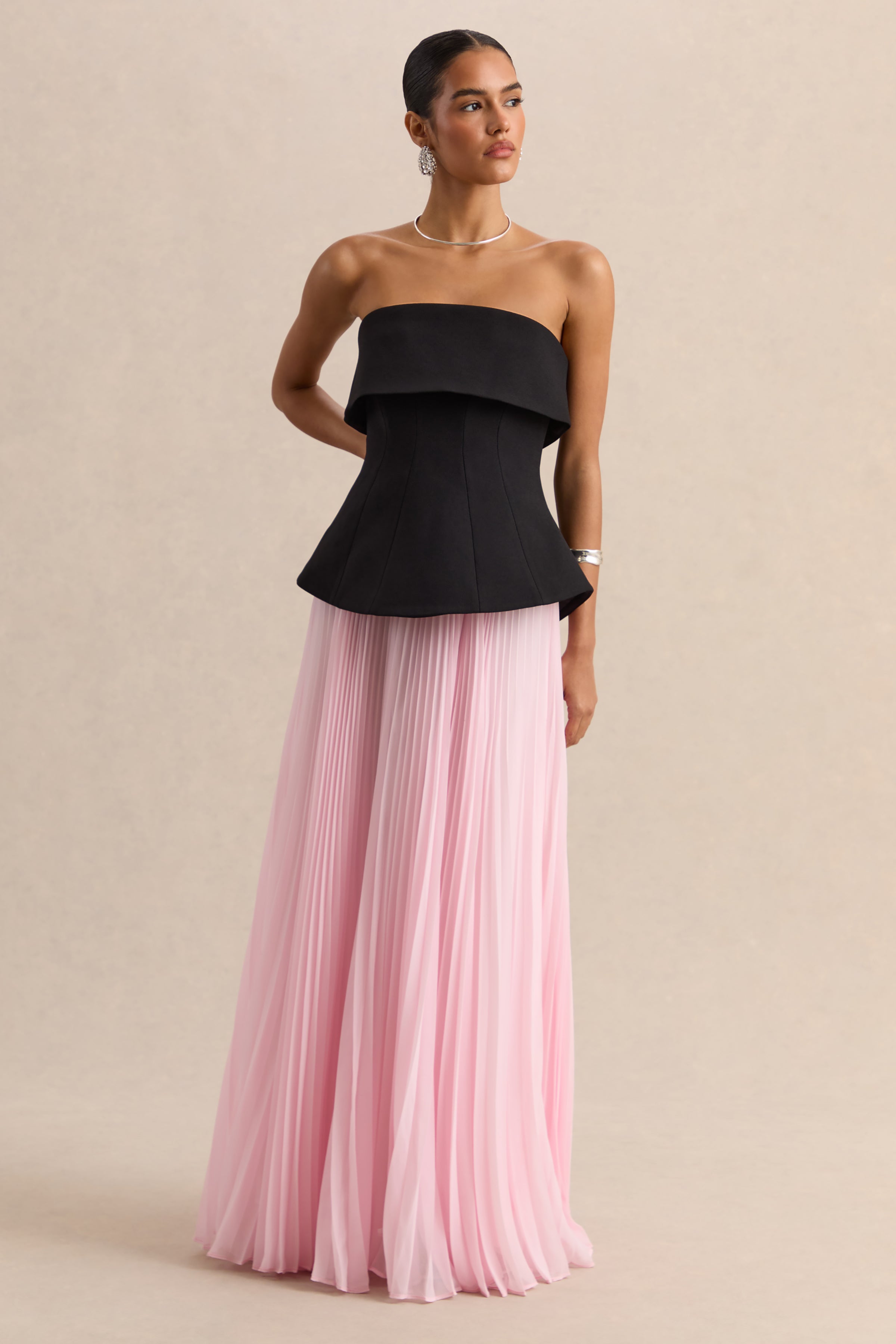 Stellara | Black & Pink Bandeau Corset Maxi Dress With Sheer Skirt