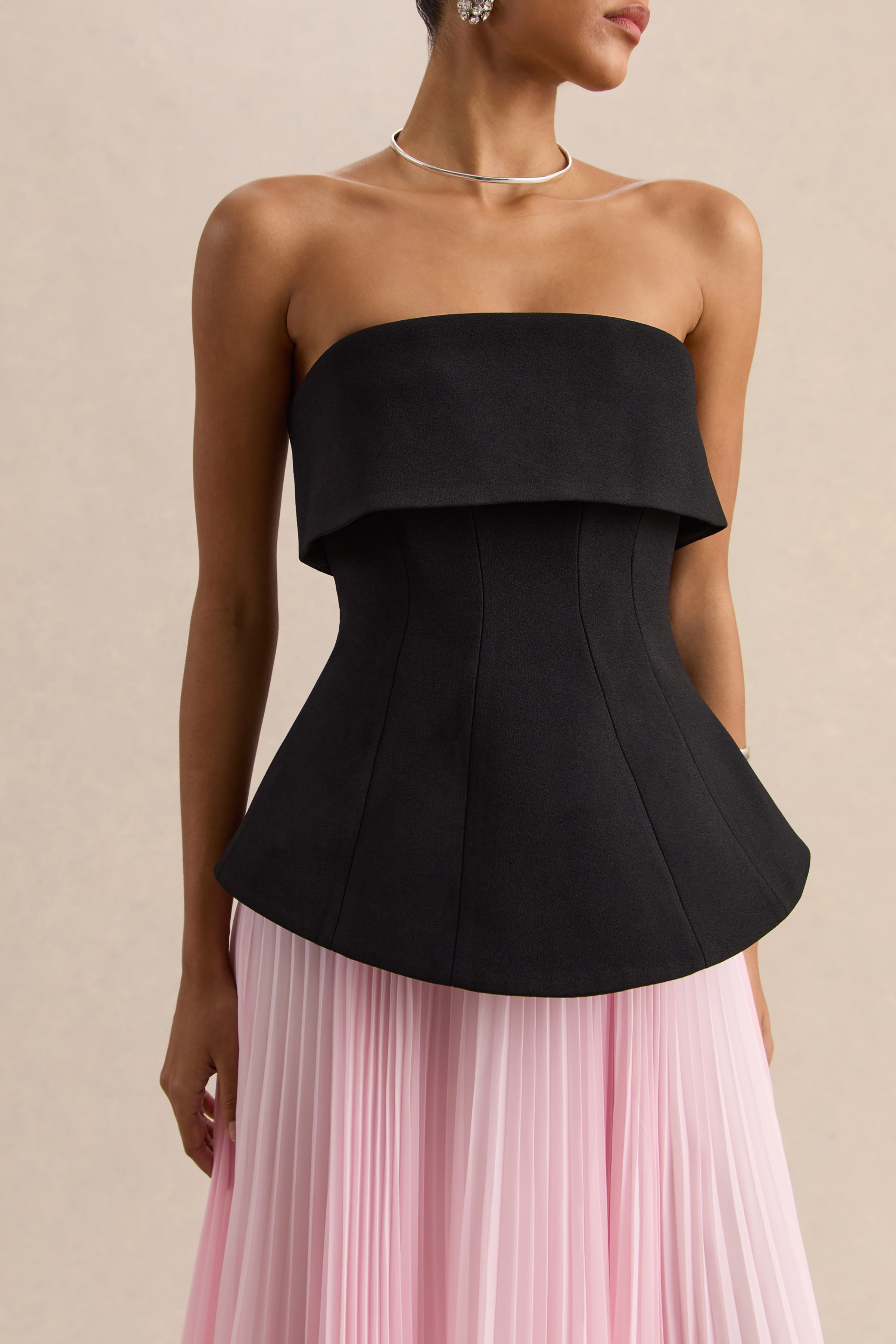 Stellara | Black & Pink Bandeau Corset Maxi Dress With Sheer Skirt