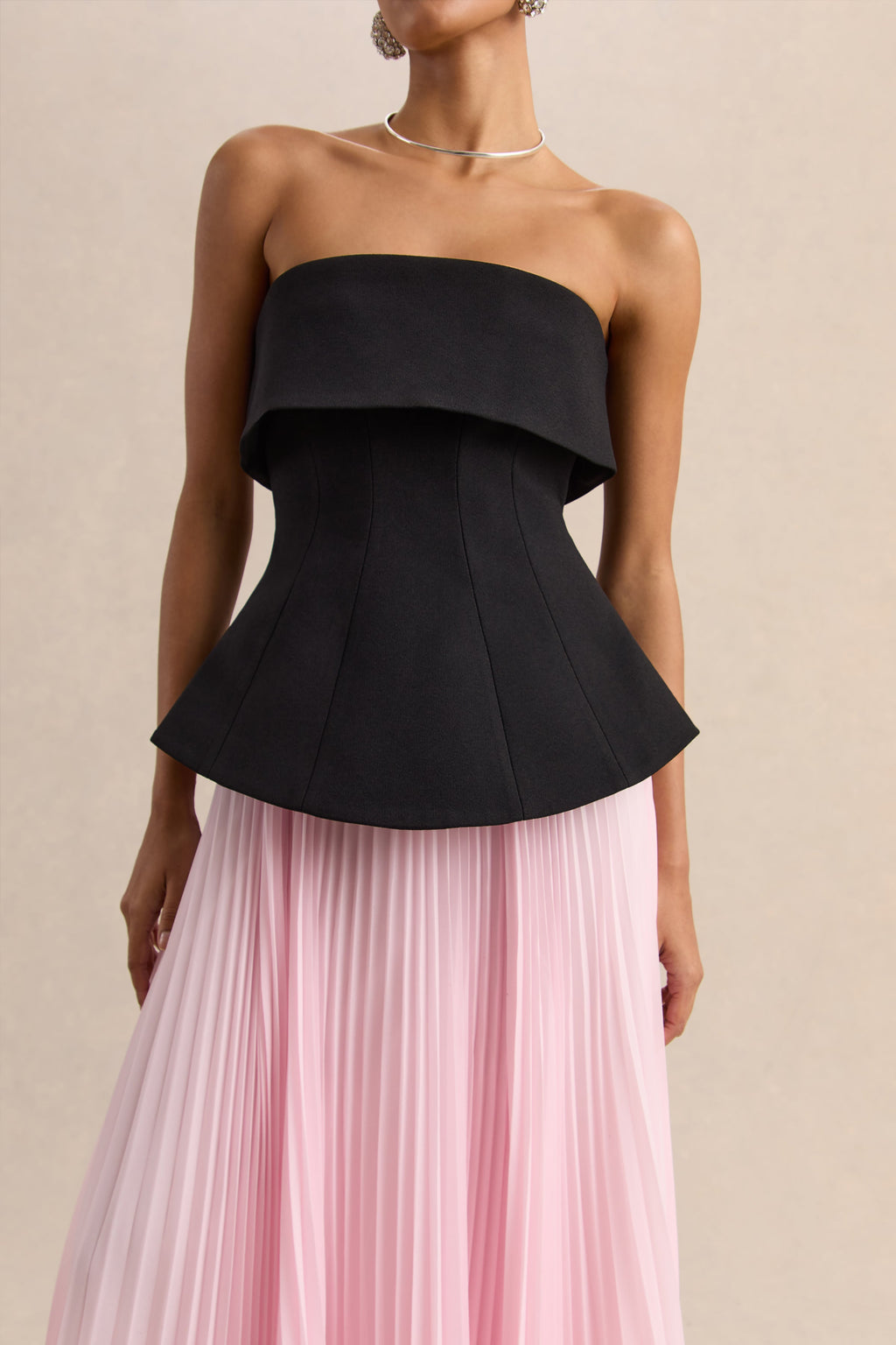 Stellara | Black & Pink Bandeau Corset Maxi Dress With Sheer Skirt