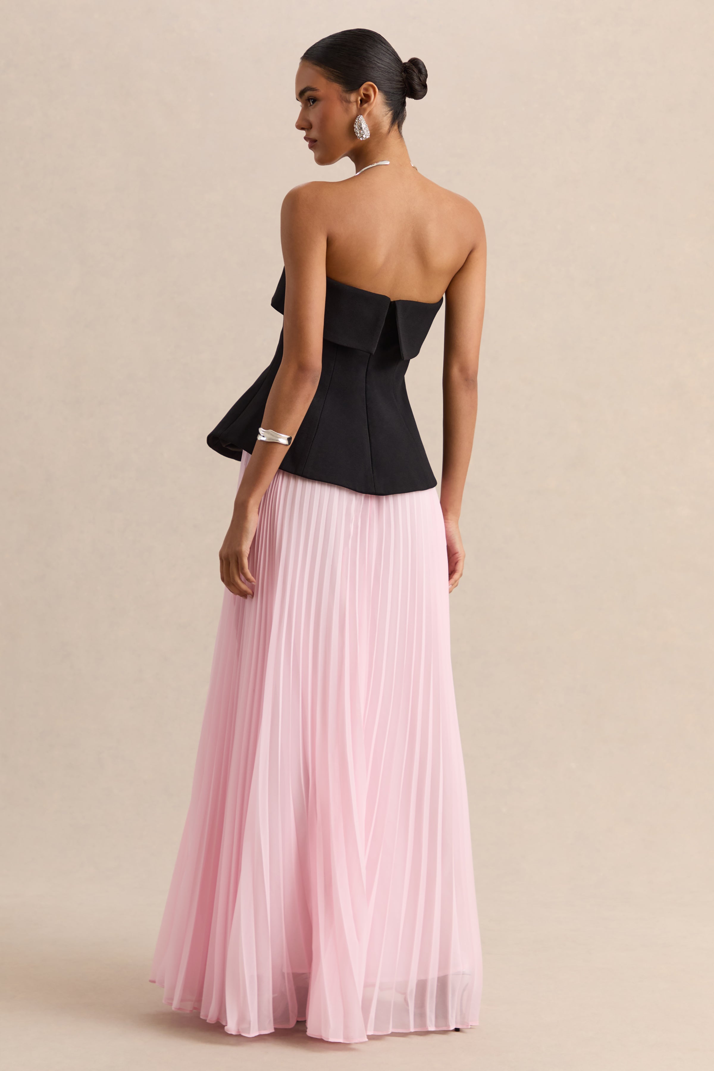 Stellara | Black & Pink Bandeau Corset Maxi Dress With Sheer Skirt