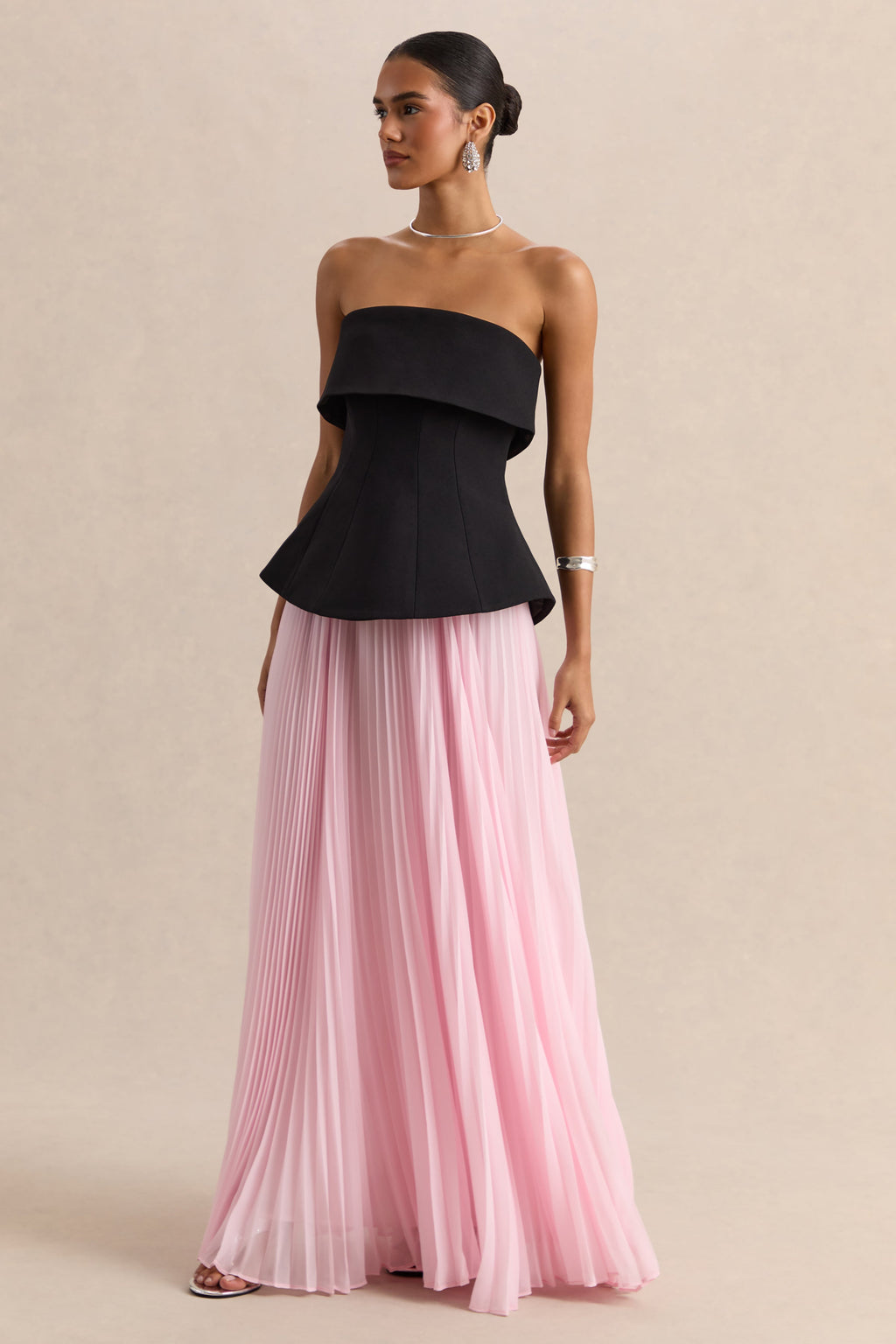 Stellara | Black & Pink Bandeau Corset Maxi Dress With Sheer Skirt