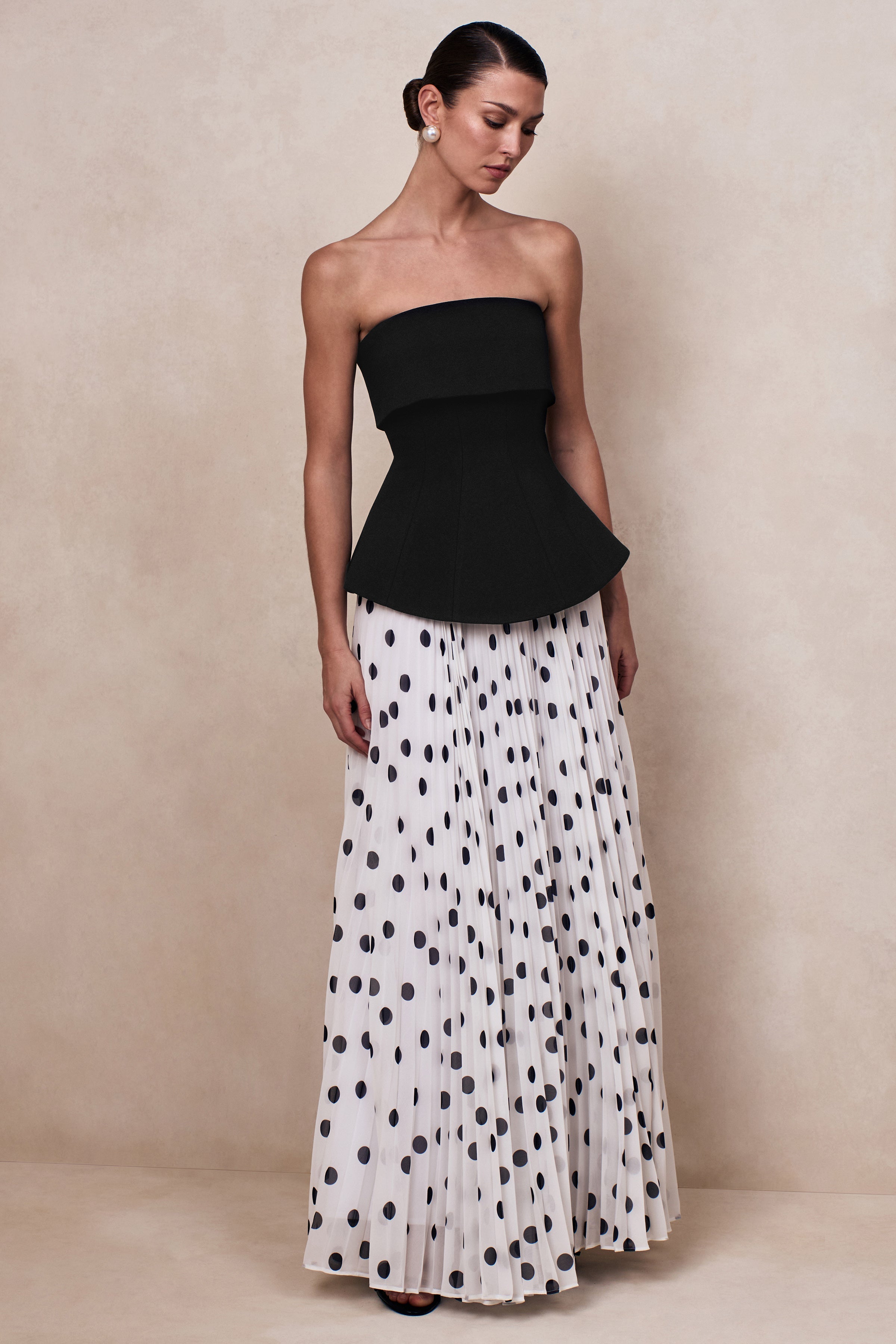 Stellara | Black & White Polka Dot Bandeau Corset Maxi Dress With Sheer Skirt