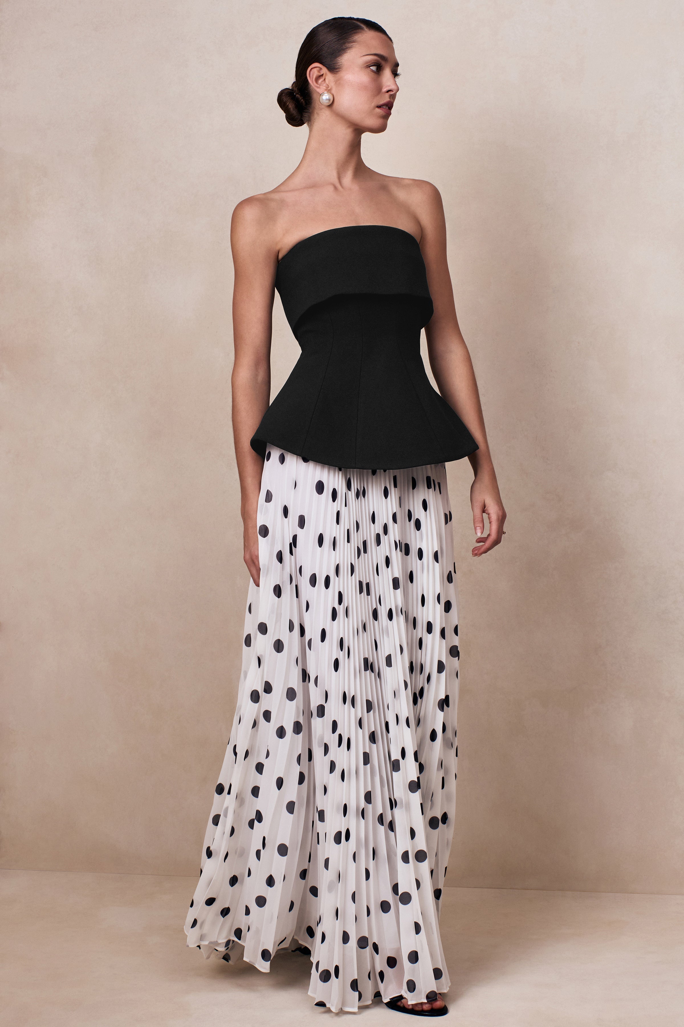 Stellara | Black & White Polka Dot Bandeau Corset Maxi Dress With Sheer Skirt