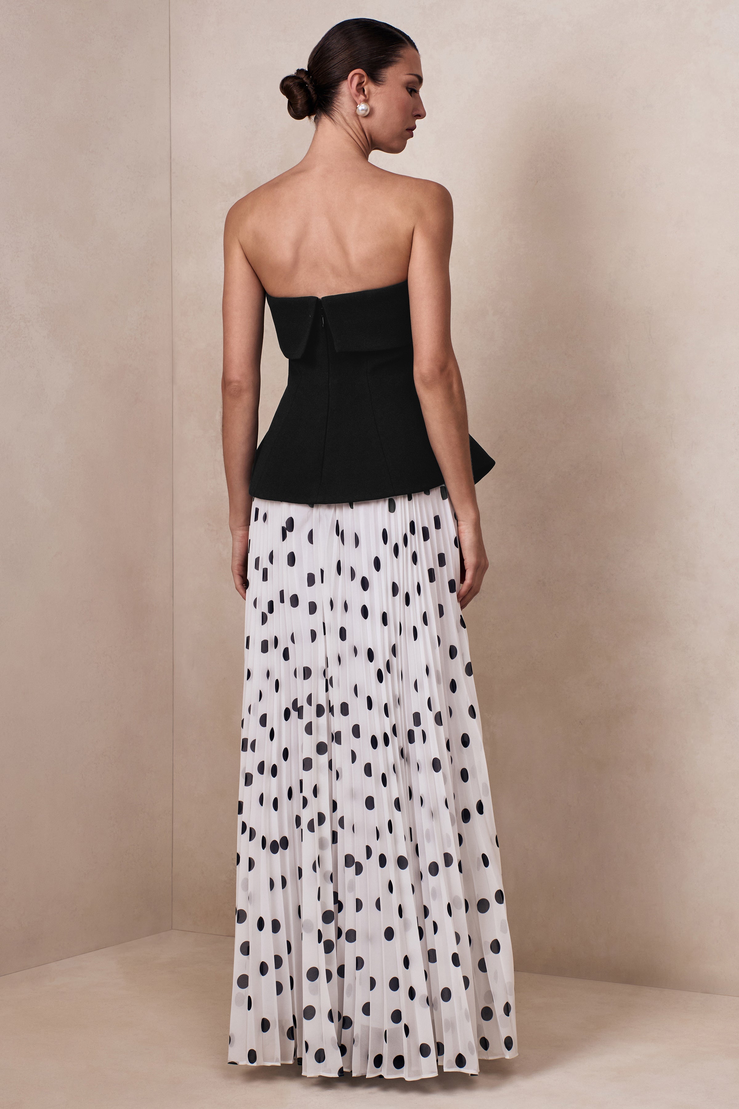 Stellara | Black & White Polka Dot Bandeau Corset Maxi Dress With Sheer Skirt