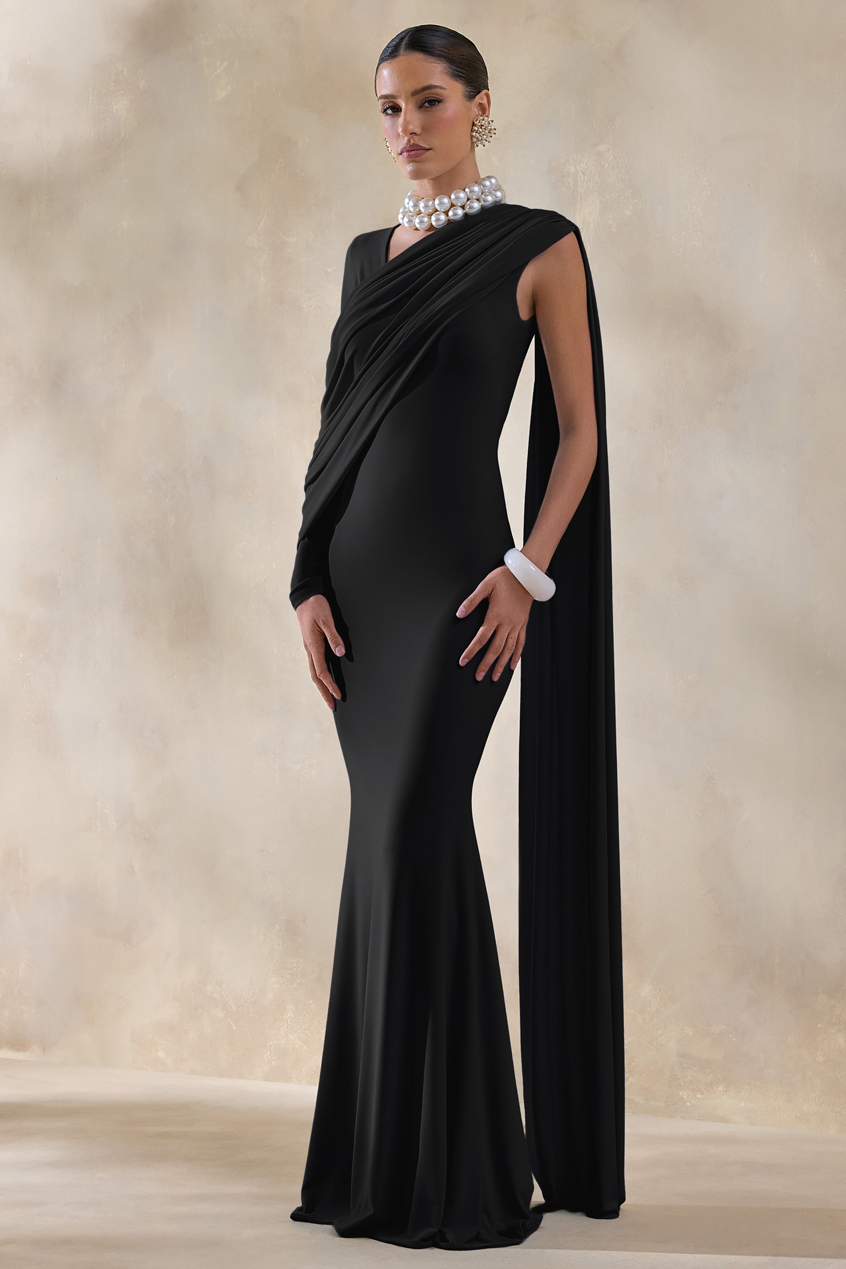 Rubelle | Black Asymmetric-Neck Maxi Dress With Draped-Detailing