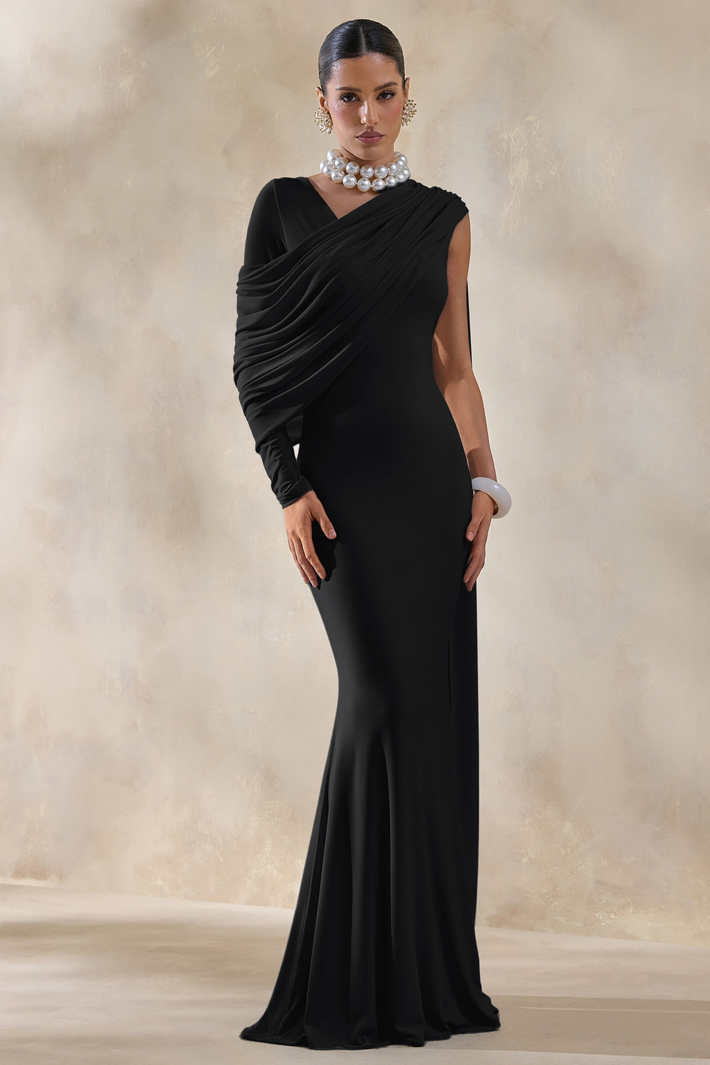 Rubelle | Black Asymmetric-Neck Maxi Dress With Draped-Detailing