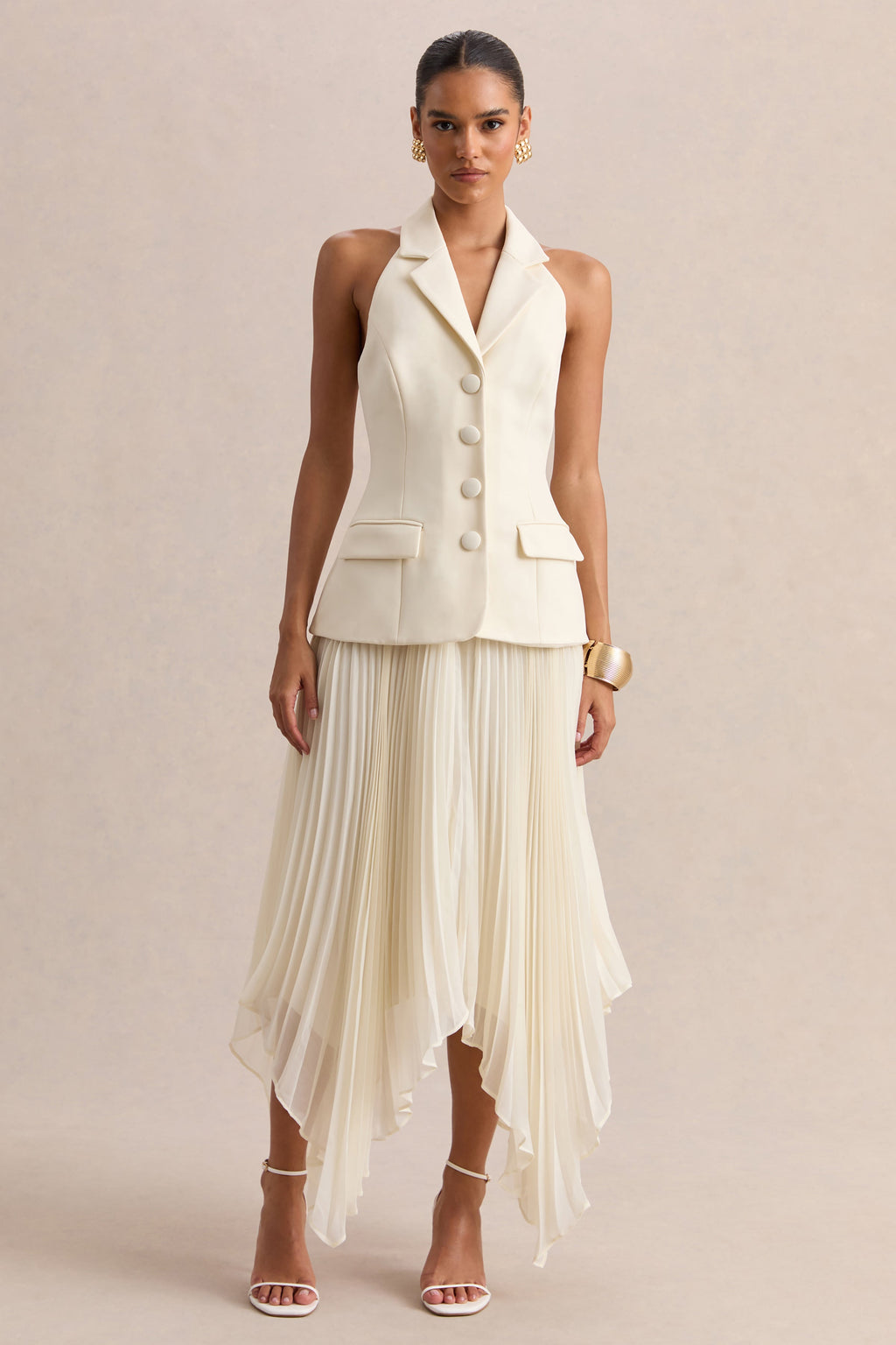 Marvelle | Cream Plunge-Neck Maxi Dress With Hanky Hem