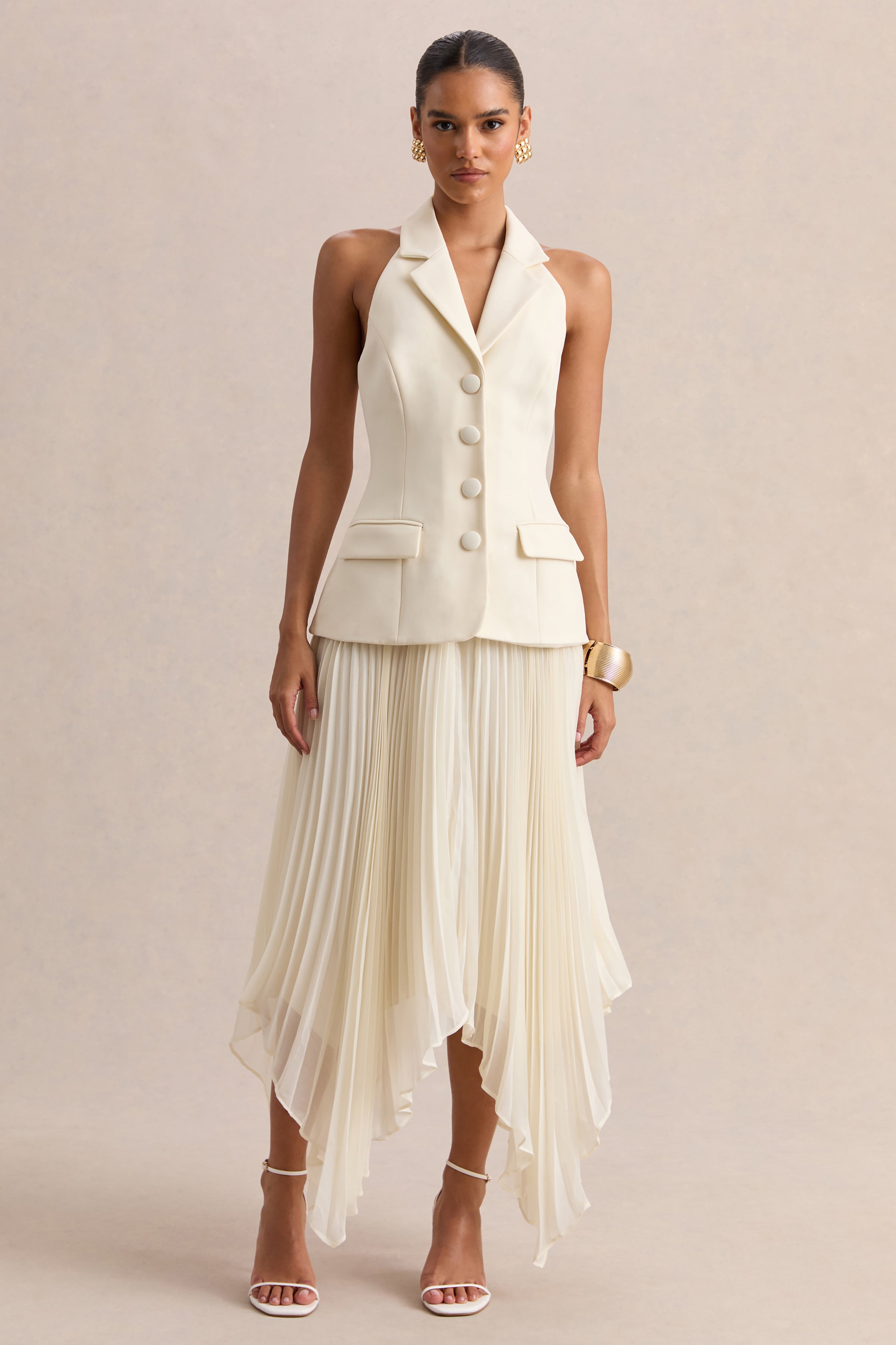 Marvelle | Cream Plunge-Neck Maxi Dress With Hanky Hem