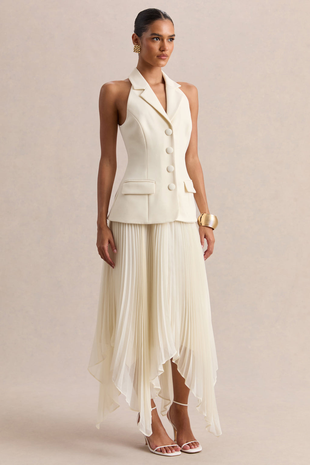 Marvelle | Cream Plunge-Neck Maxi Dress With Hanky Hem