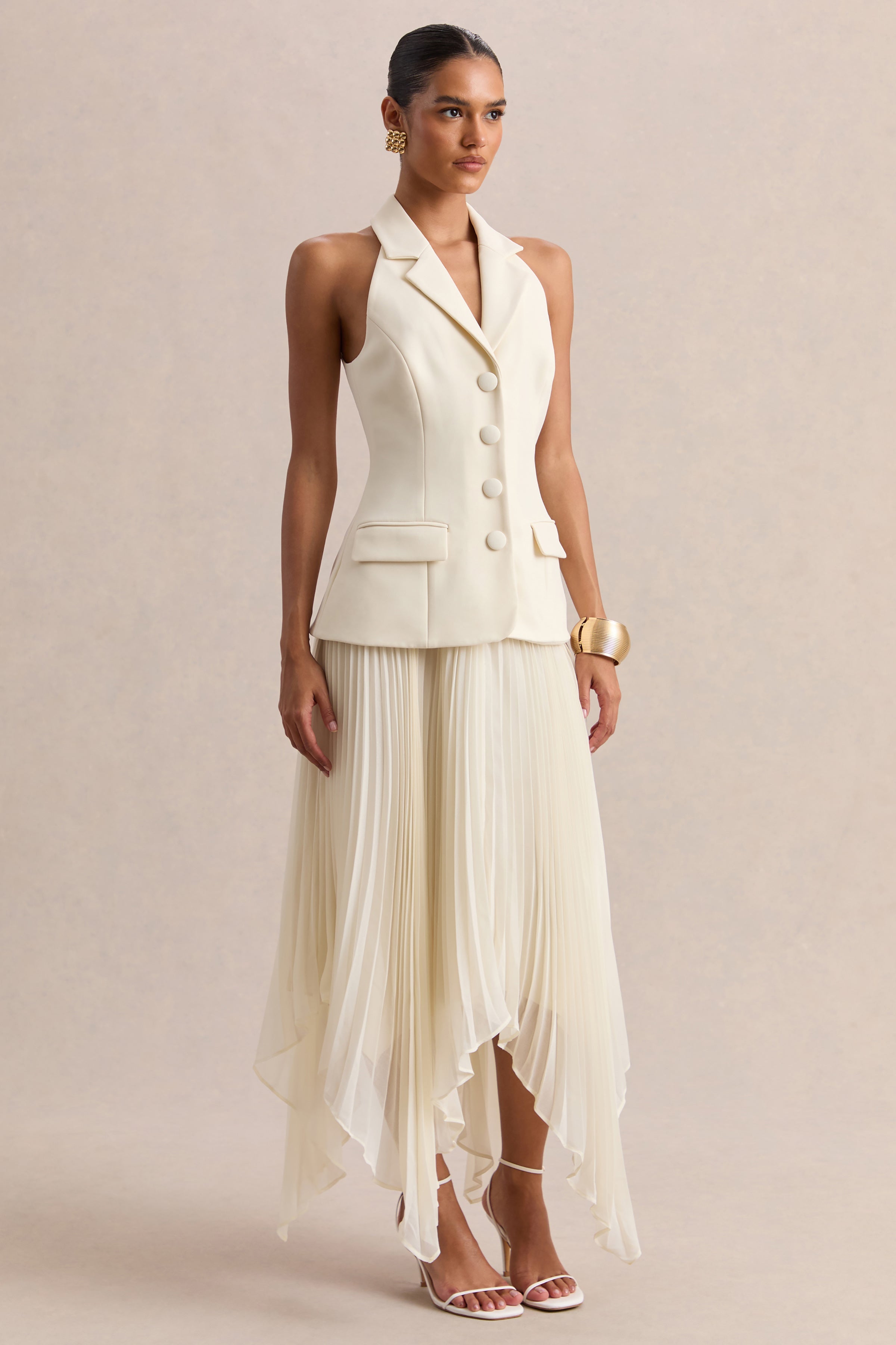 Marvelle | Cream Plunge-Neck Maxi Dress With Hanky Hem