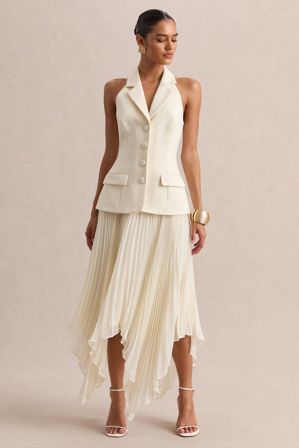 Marvelle | Cream Plunge-Neck Maxi Dress With Hanky Hem