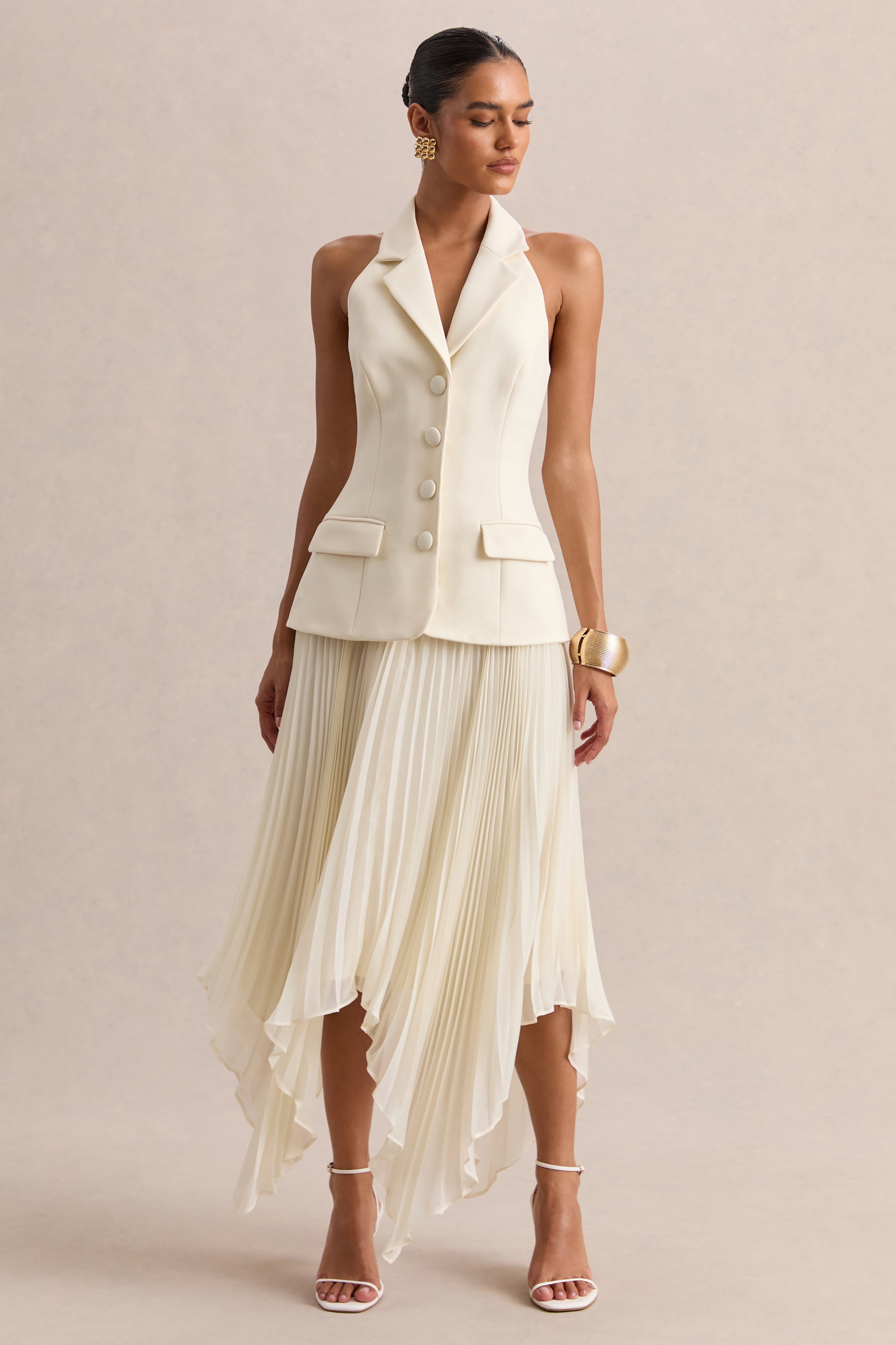 Marvelle | Cream Plunge-Neck Maxi Dress With Hanky Hem