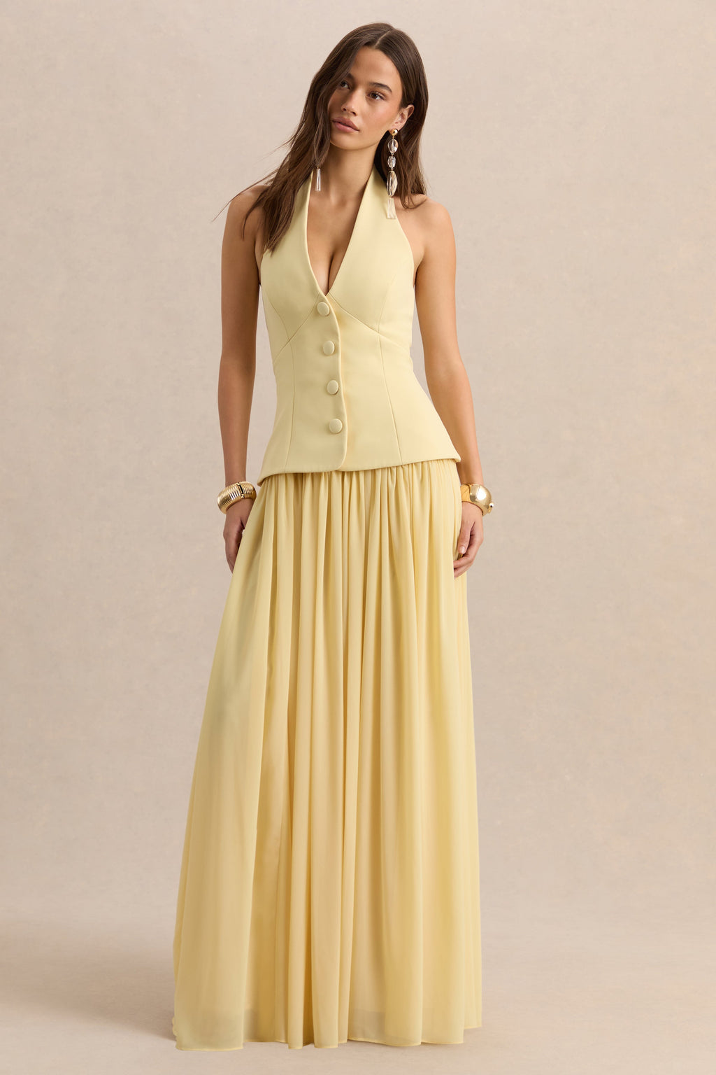 Zarina | Lemon Plunge-Neck Maxi Dress