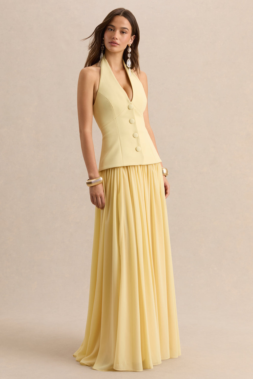 Zarina | Lemon Plunge-Neck Maxi Dress