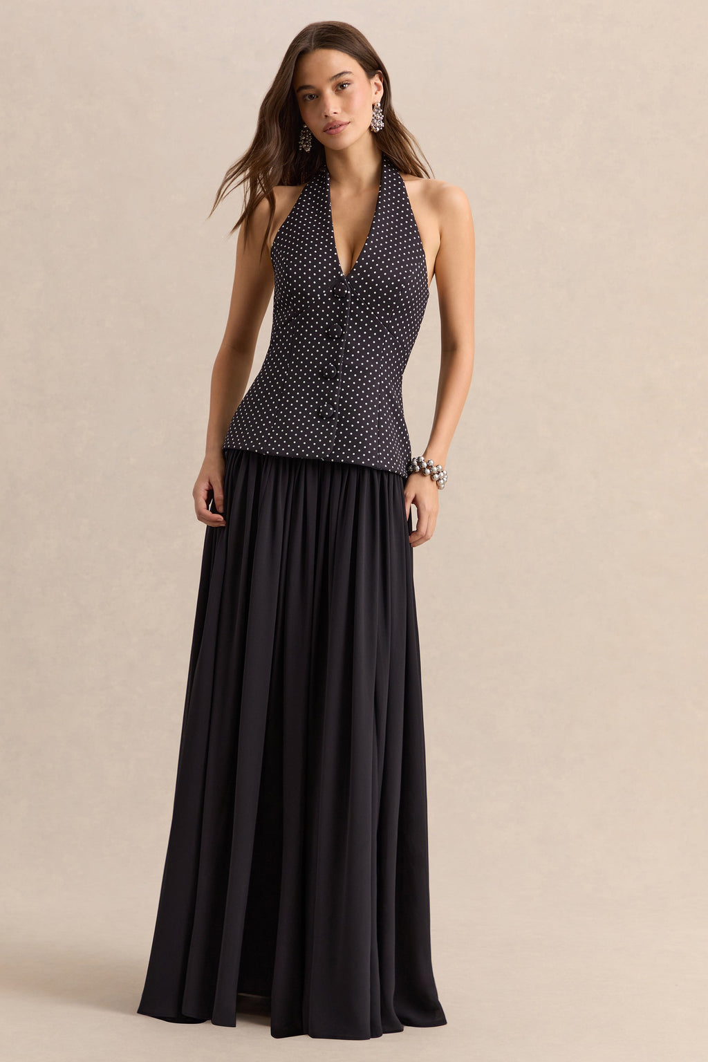 Zarina | Black & White Polka-Dot Plunge-Neck Maxi Dress