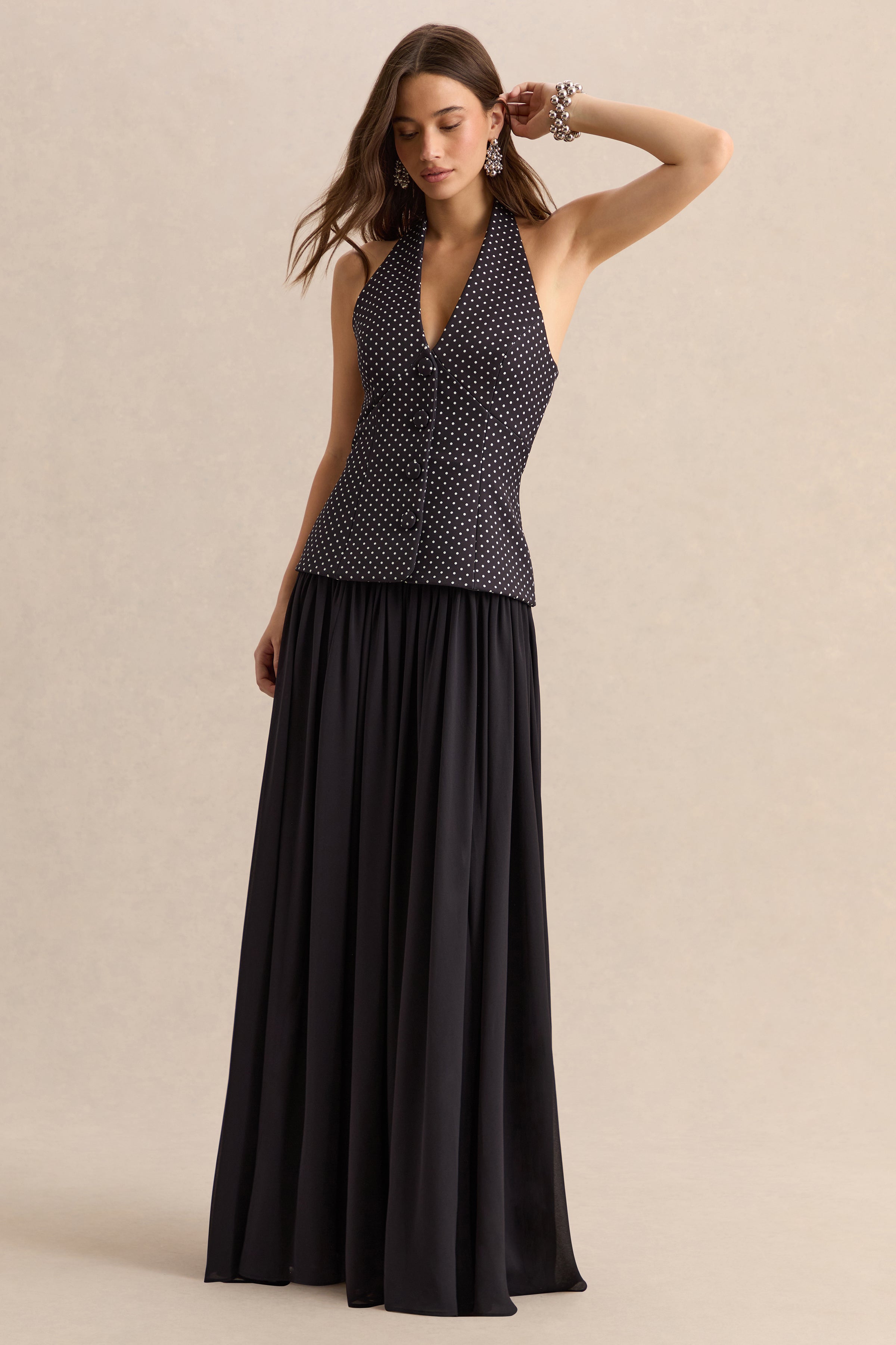Zarina | Black & White Polka-Dot Plunge-Neck Maxi Dress