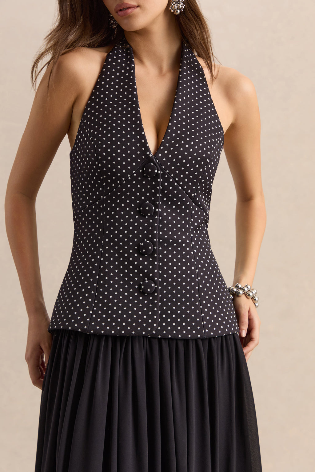 Zarina | Black & White Polka-Dot Plunge-Neck Maxi Dress