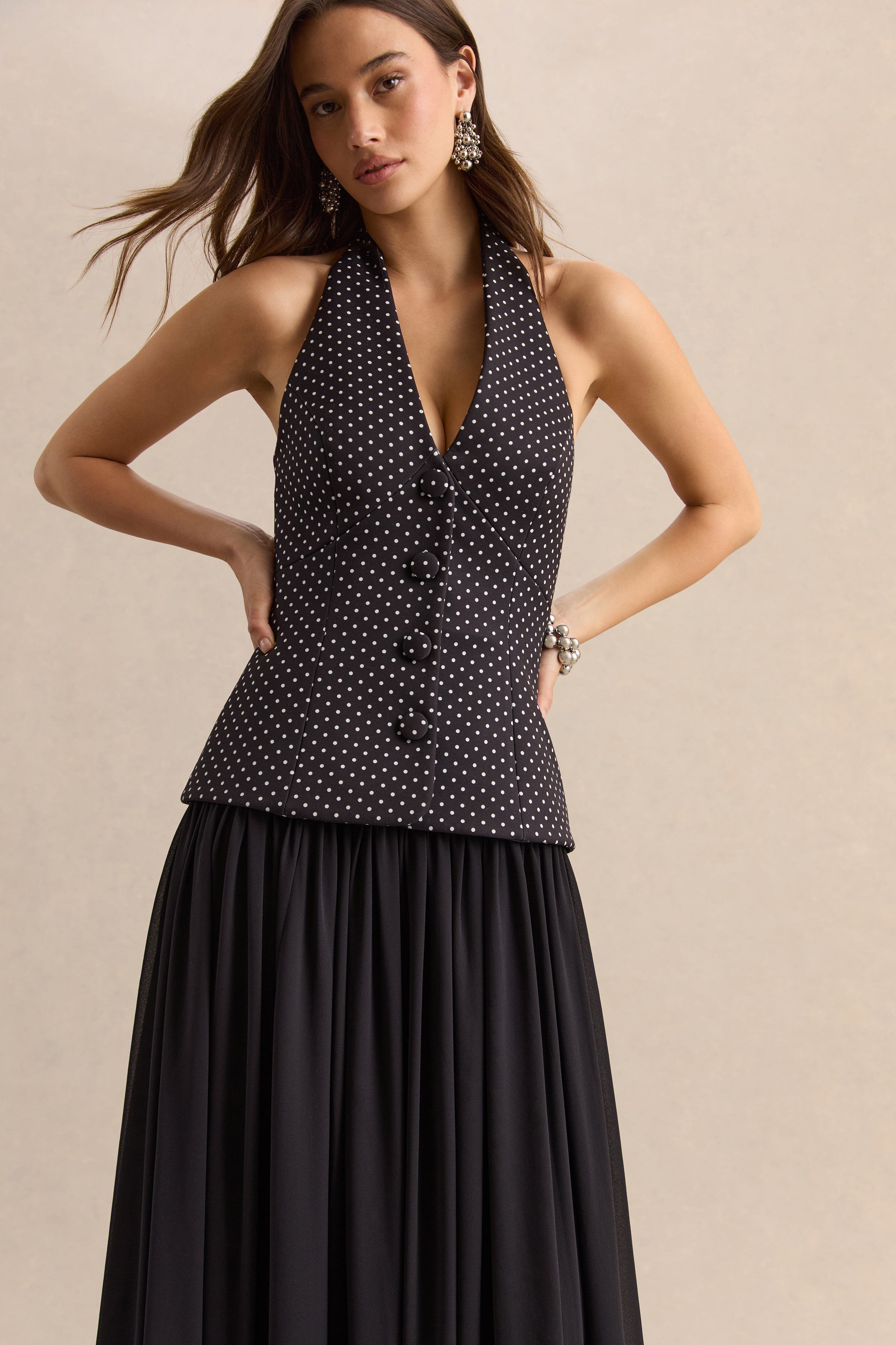 Zarina | Black & White Polka-Dot Plunge-Neck Maxi Dress
